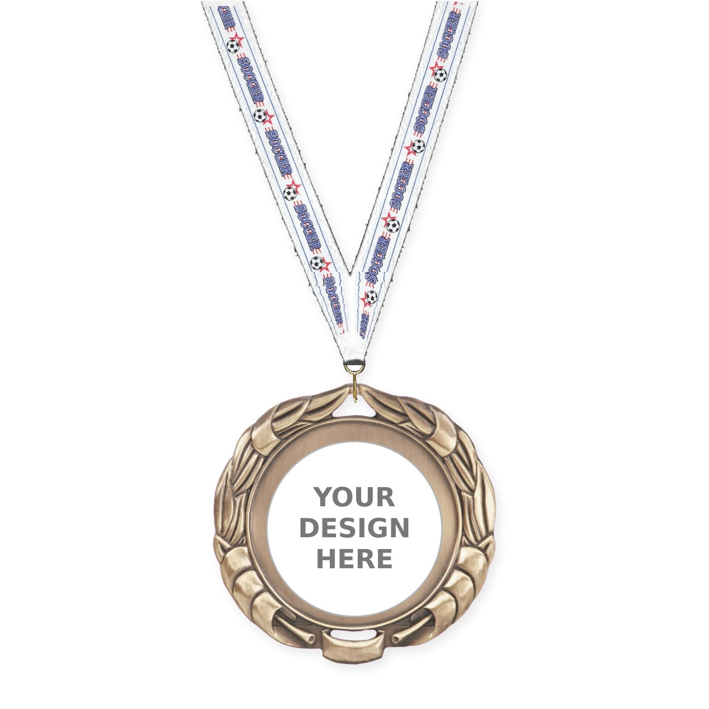 2 3/4 inch Double-Sided Wreath insert medal in antique gold with Soccer neck ribbon