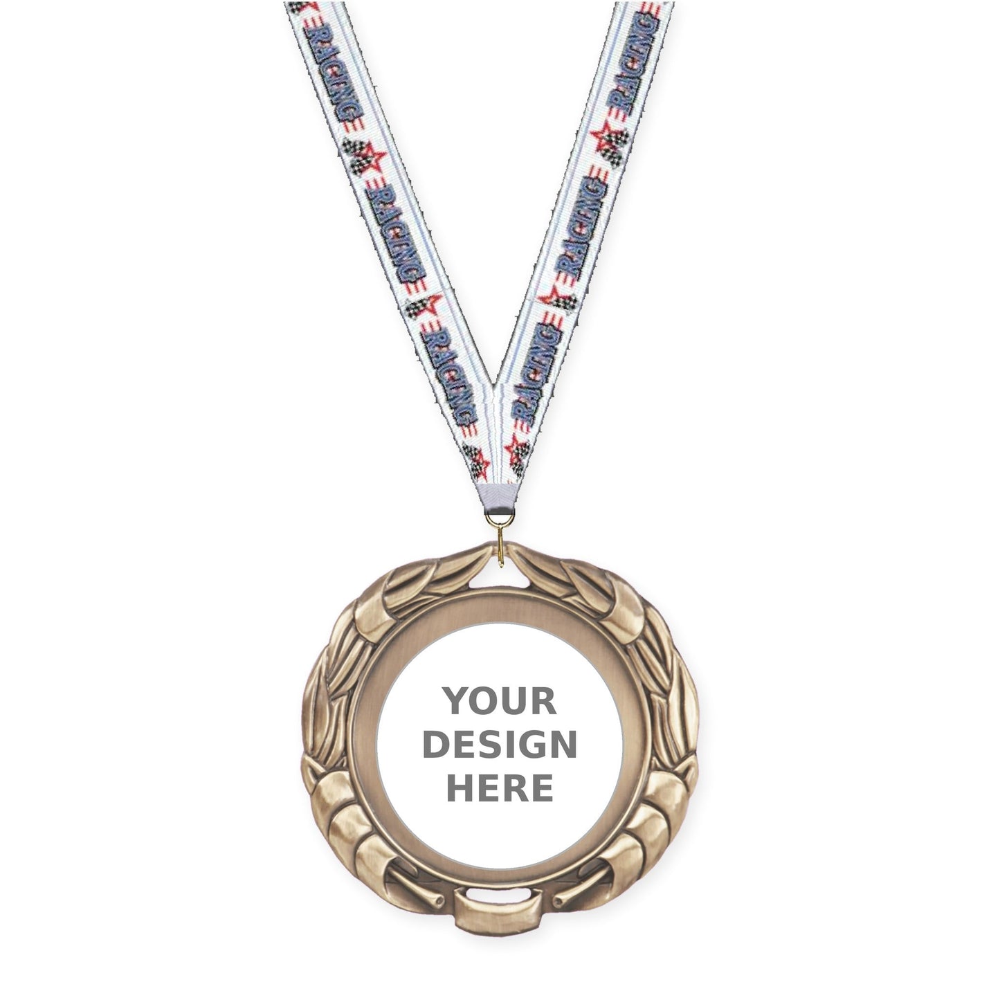2 3/4 inch Double-Sided Wreath insert medal in antique gold with Auto Racing neck ribbon