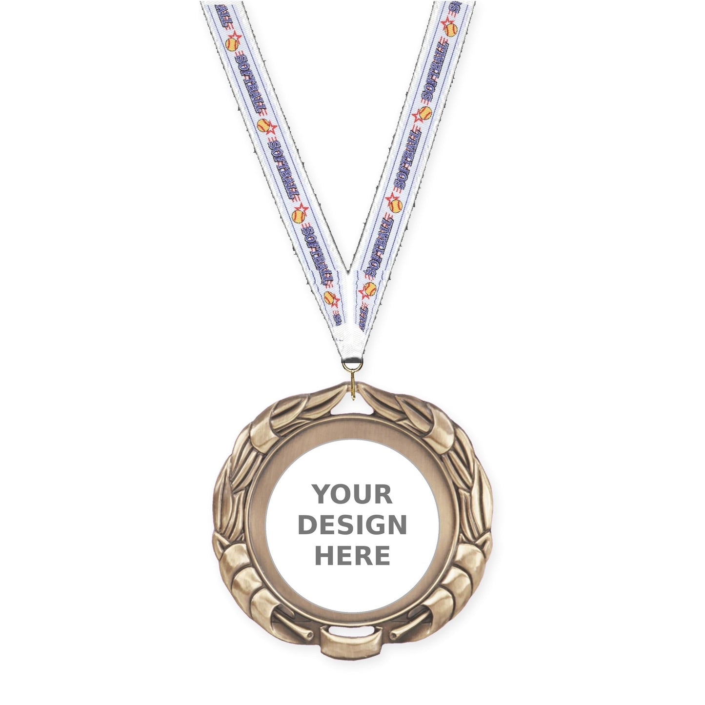 2 3/4 inch Double-Sided Wreath insert medal in antique gold with Softball neck ribbon