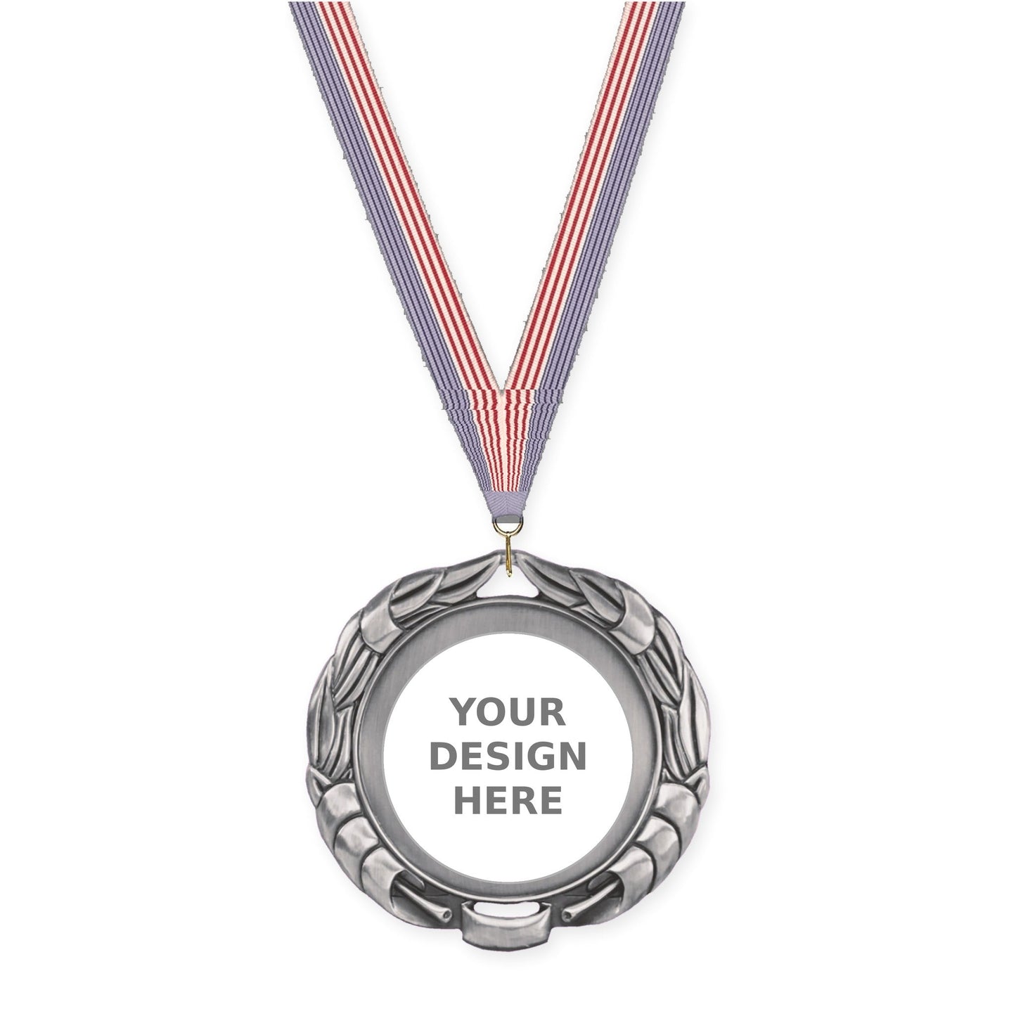 2 3/4 inch Double-Sided Wreath insert medal in antique silver with USA Flag neck ribbon