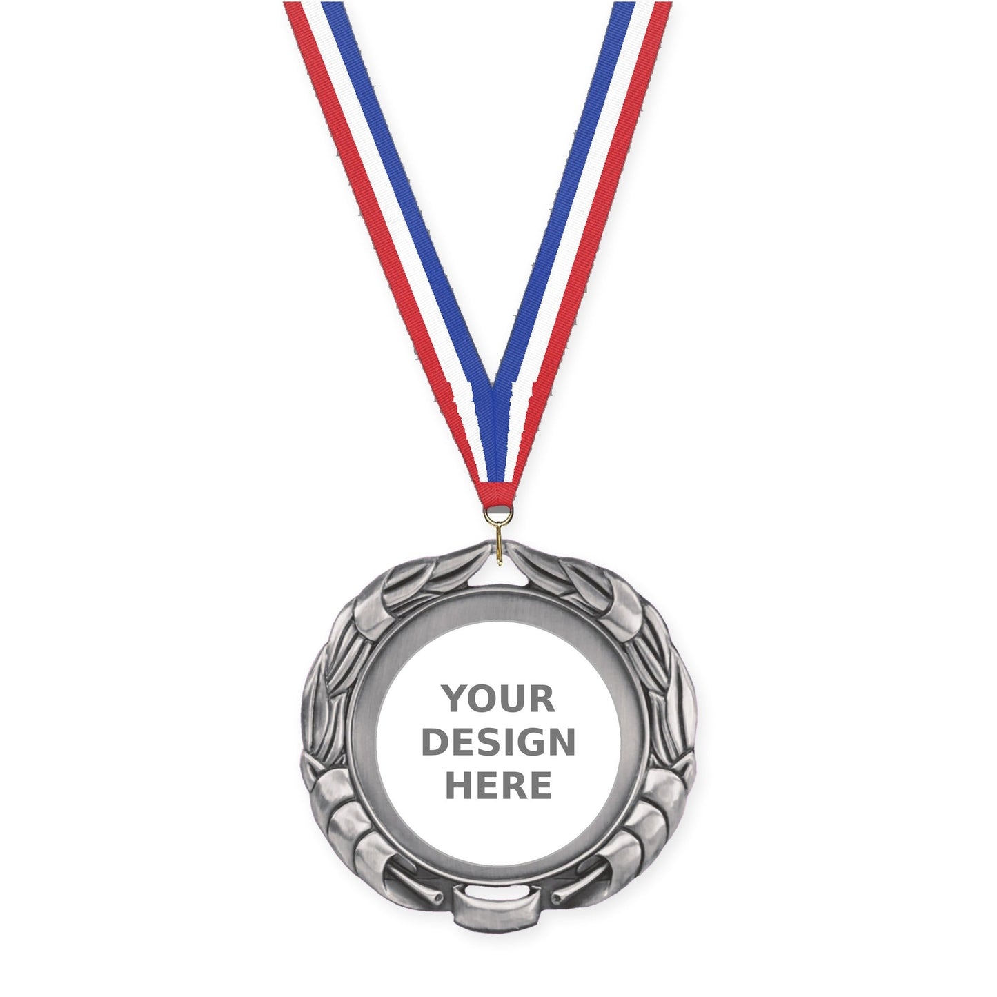 2 3/4 inch Double-Sided Wreath insert medal in antique silver with Red White Blue neck ribbon