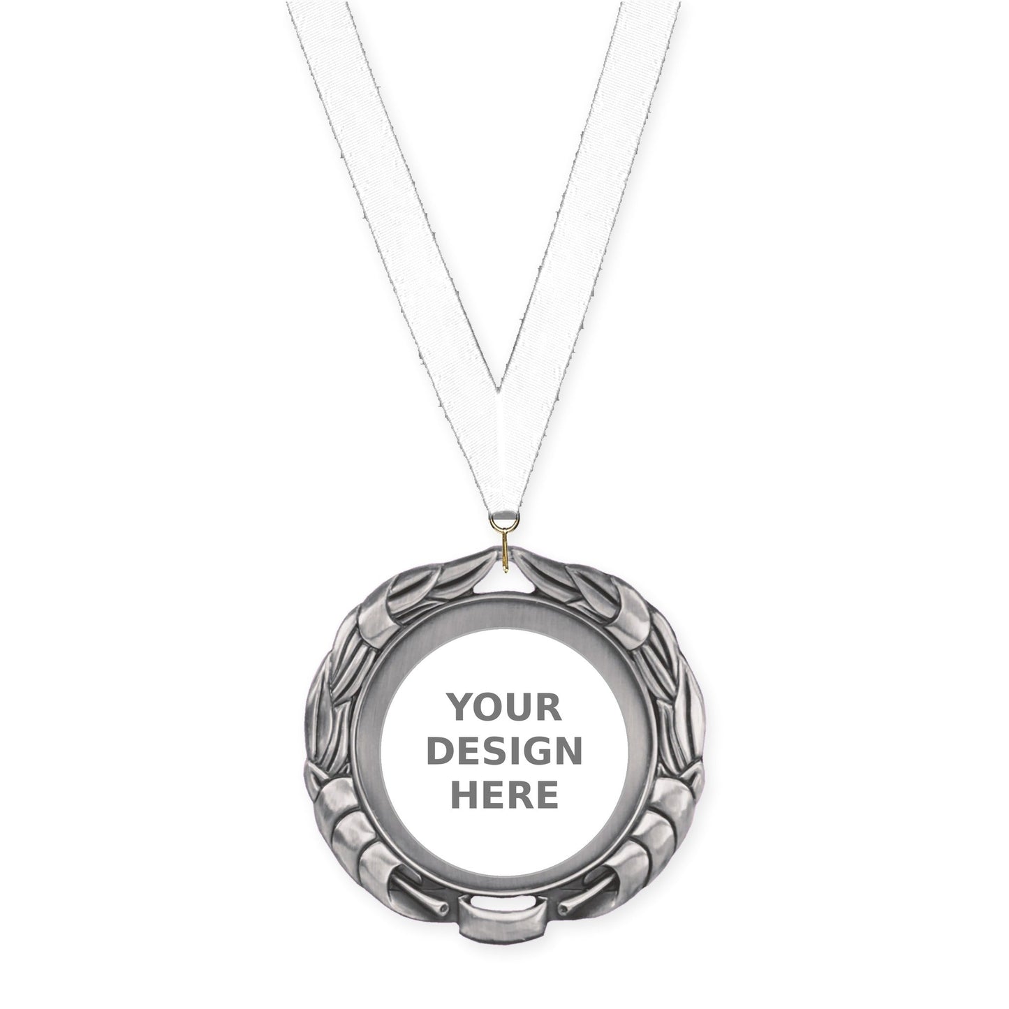 2 3/4 inch Double-Sided Wreath insert medal in antique silver with White neck ribbon
