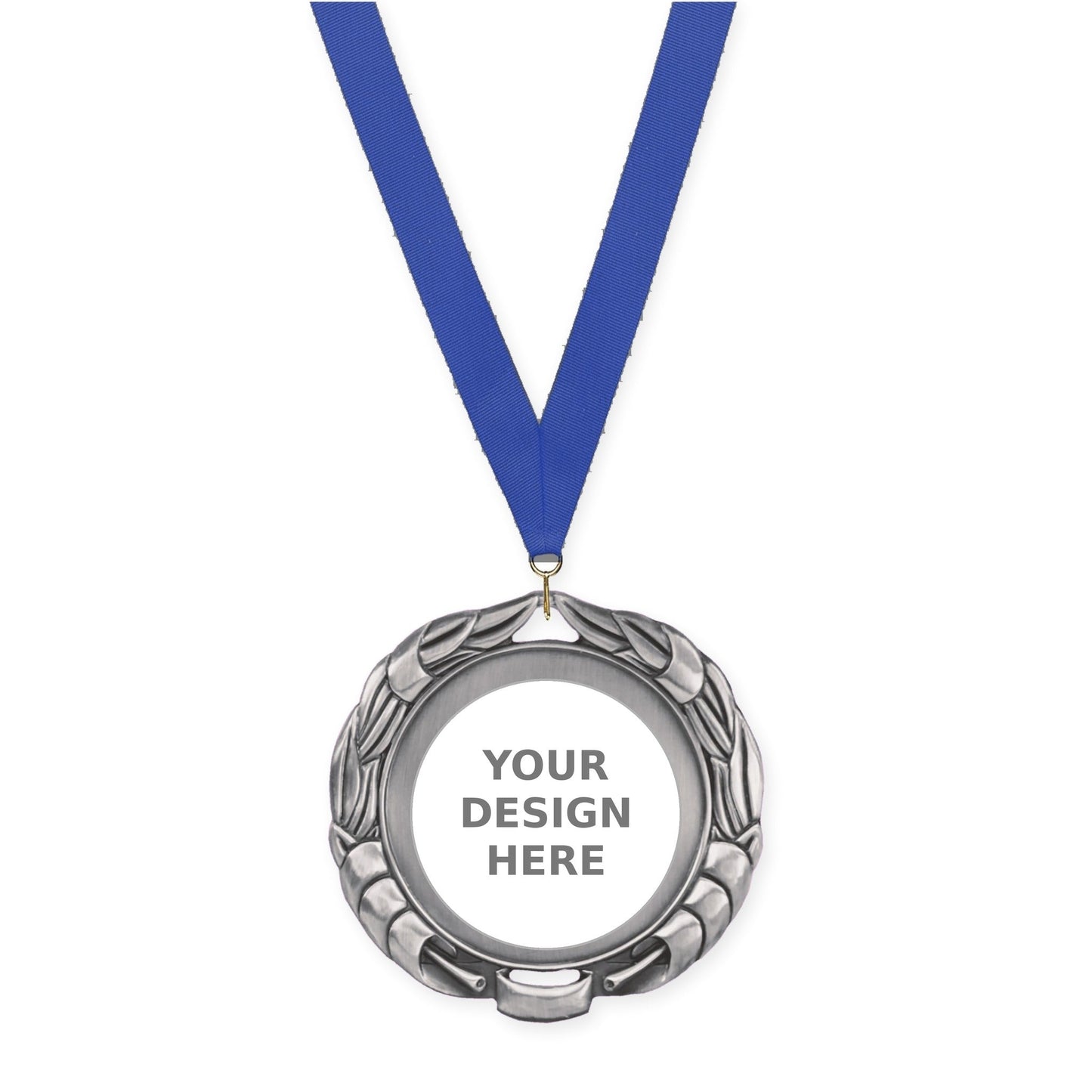 2 3/4 inch Double-Sided Wreath insert medal in antique silver with Blue neck ribbon