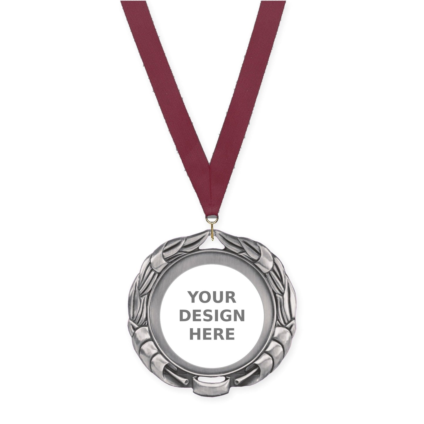 2 3/4 inch Double-Sided Wreath insert medal in antique silver with Maroon neck ribbon