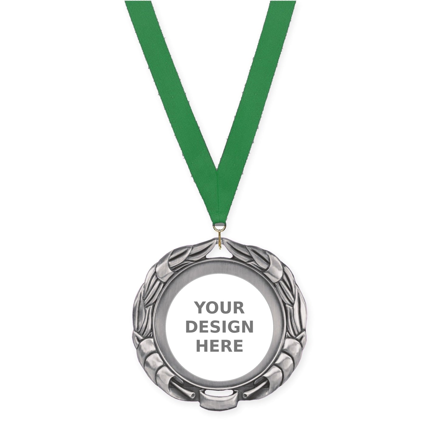 2 3/4 inch Double-Sided Wreath insert medal in antique silver with Green neck ribbon