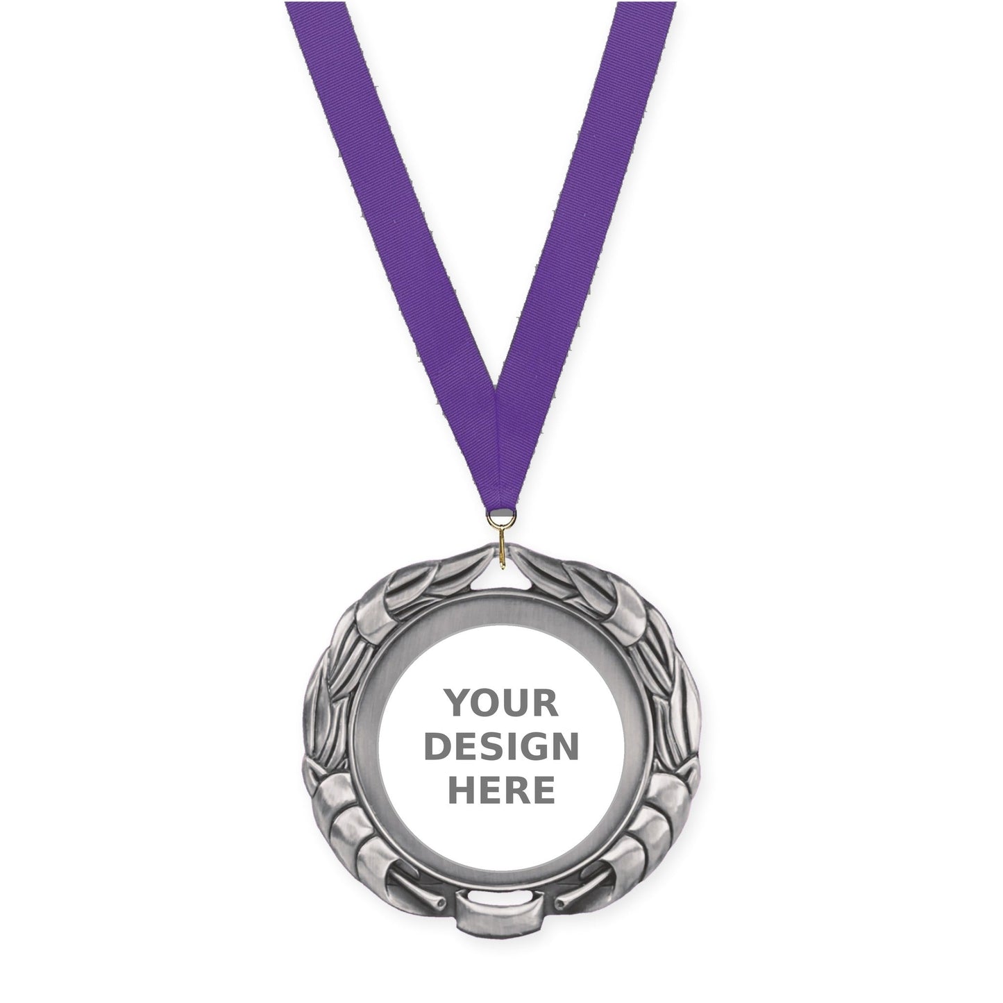 2 3/4 inch Double-Sided Wreath insert medal in antique silver with Purple neck ribbon