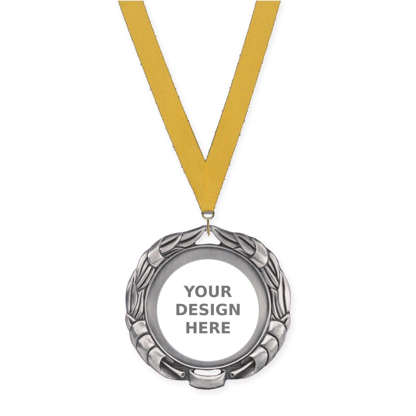 2 3/4 inch Double-Sided Wreath insert medal in antique silver with Gold neck ribbon