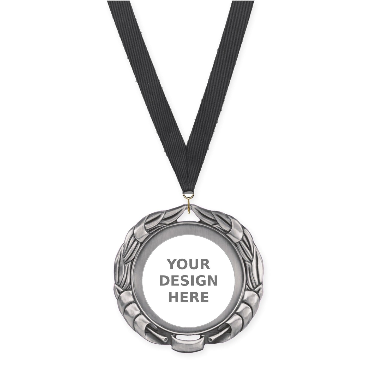 2 3/4 inch Double-Sided Wreath insert medal in antique silver with Black neck ribbon