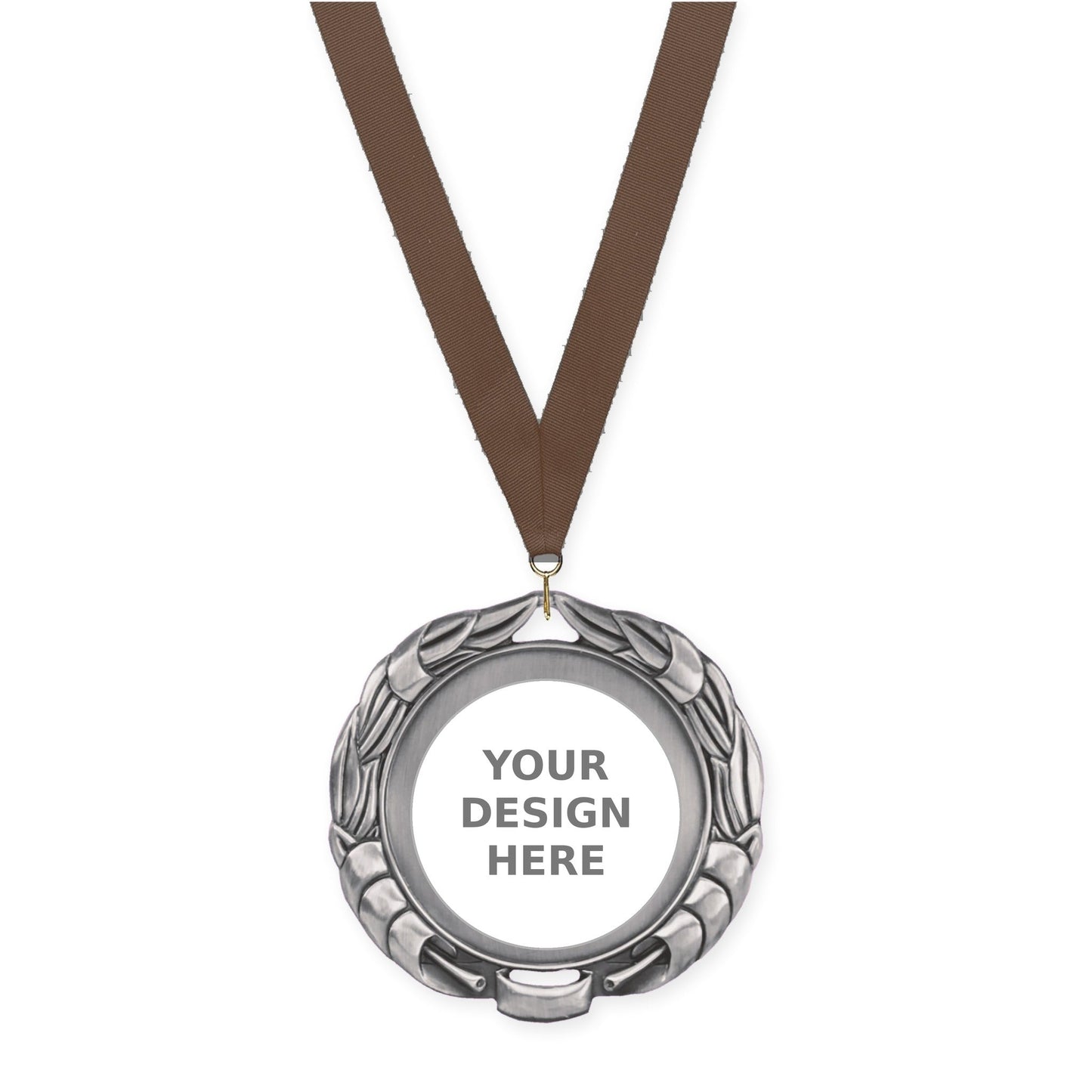 2 3/4 inch Double-Sided Wreath insert medal in antique silver with Brown neck ribbon