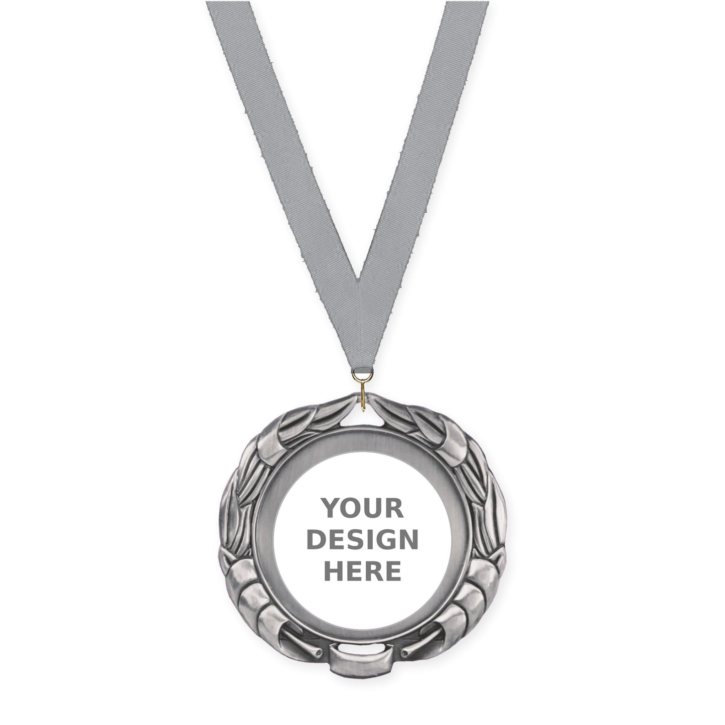 2 3/4 inch Double-Sided Wreath insert medal in antique silver with Gray neck ribbon