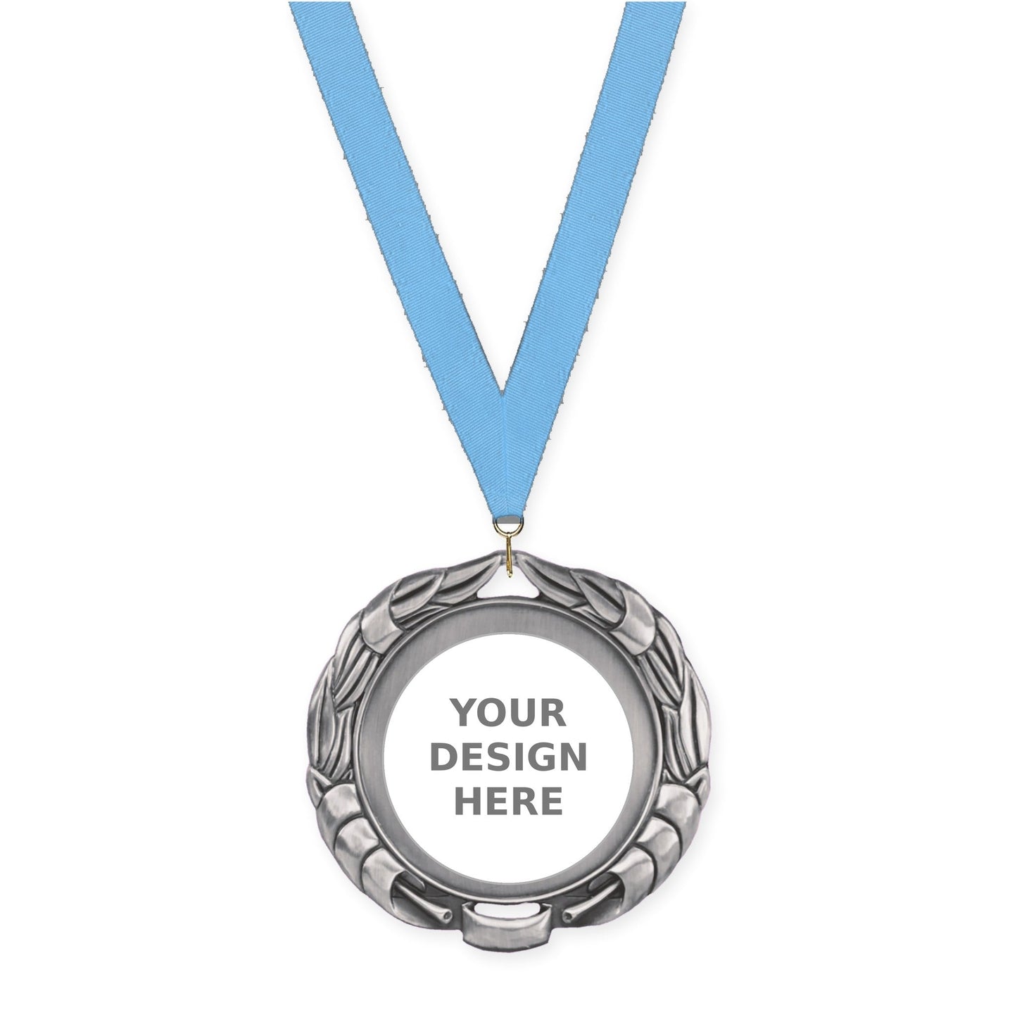 2 3/4 inch Double-Sided Wreath insert medal in antique silver with Light Blue neck ribbon