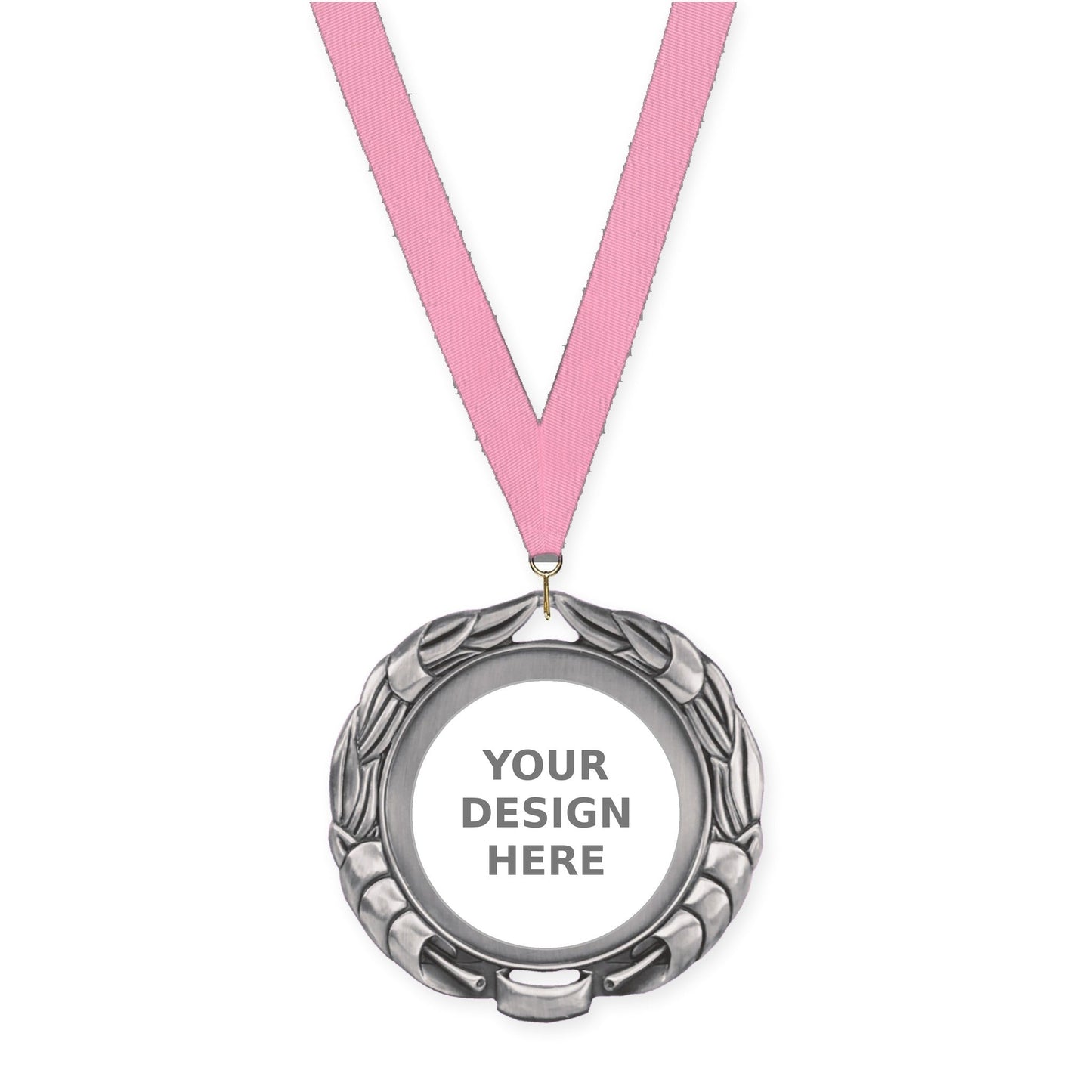 2 3/4 inch Double-Sided Wreath insert medal in antique silver with Pink neck ribbon