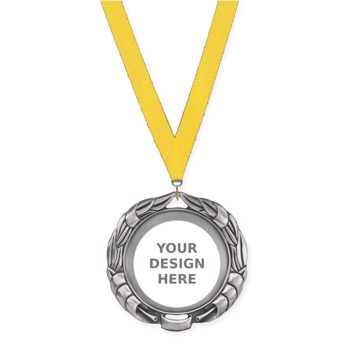 2 3/4 inch Double-Sided Wreath insert medal in antique silver with Yellow neck ribbon
