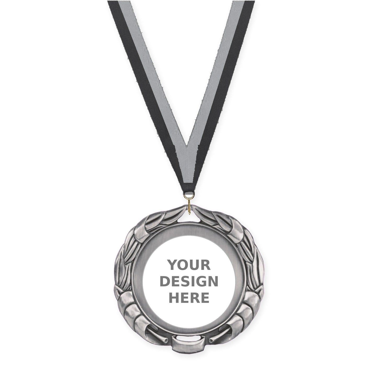 2 3/4 inch Double-Sided Wreath insert medal in antique silver with Black Gray neck ribbon