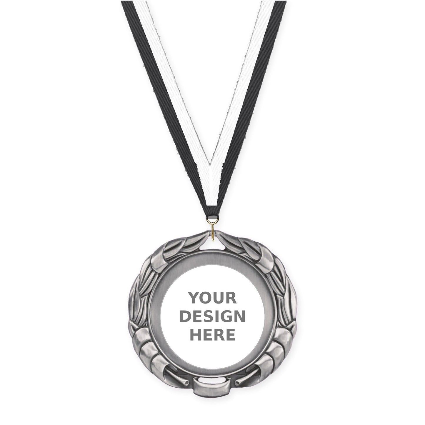 2 3/4 inch Double-Sided Wreath insert medal in antique silver with Black White neck ribbon