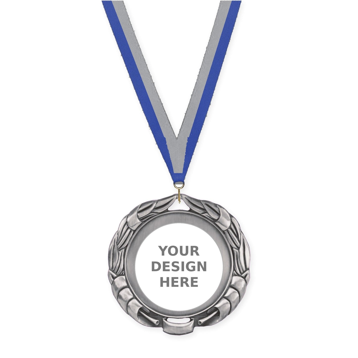 2 3/4 inch Double-Sided Wreath insert medal in antique silver with Blue Gray neck ribbon