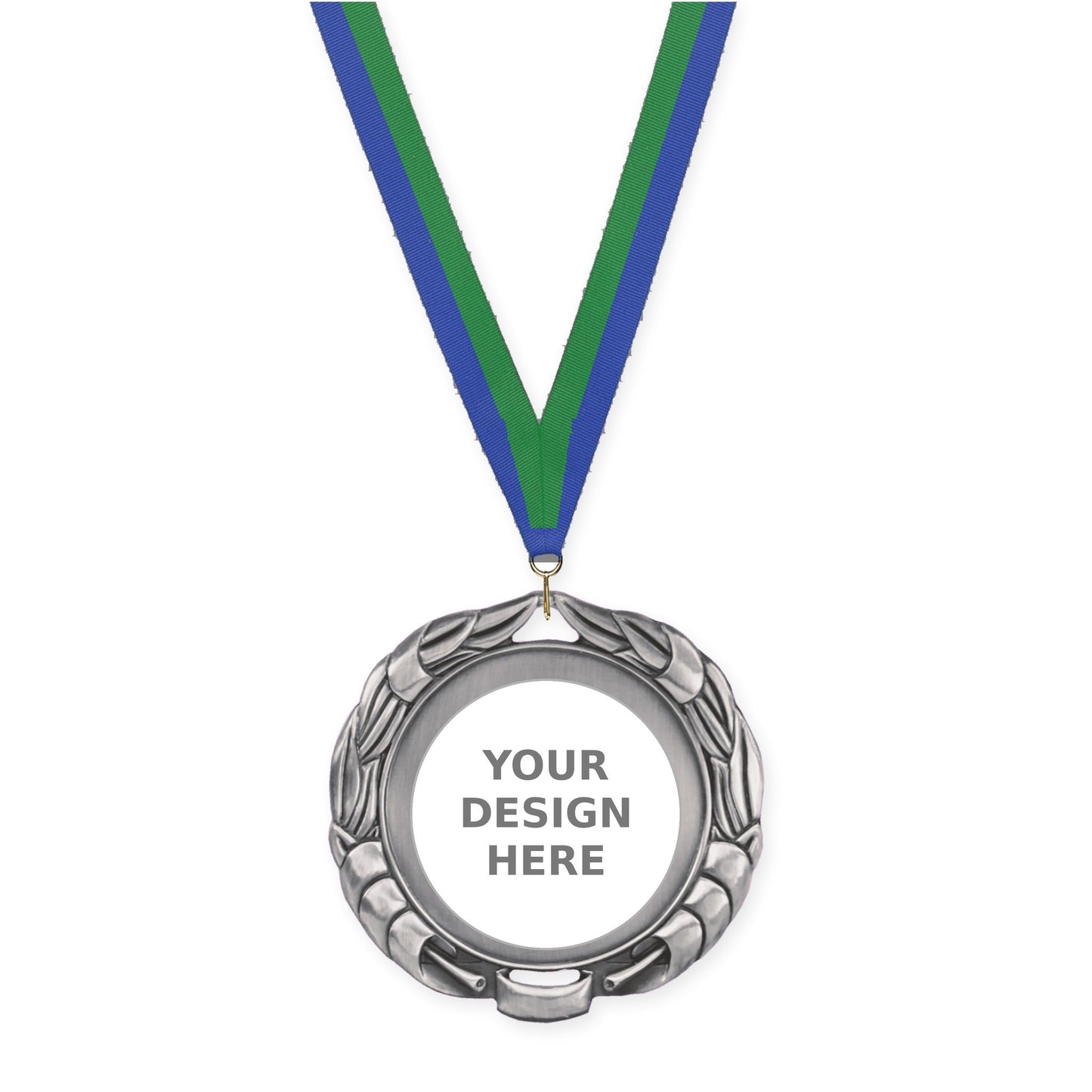 2 3/4 inch Double-Sided Wreath insert medal in antique silver with Blue Green neck ribbon