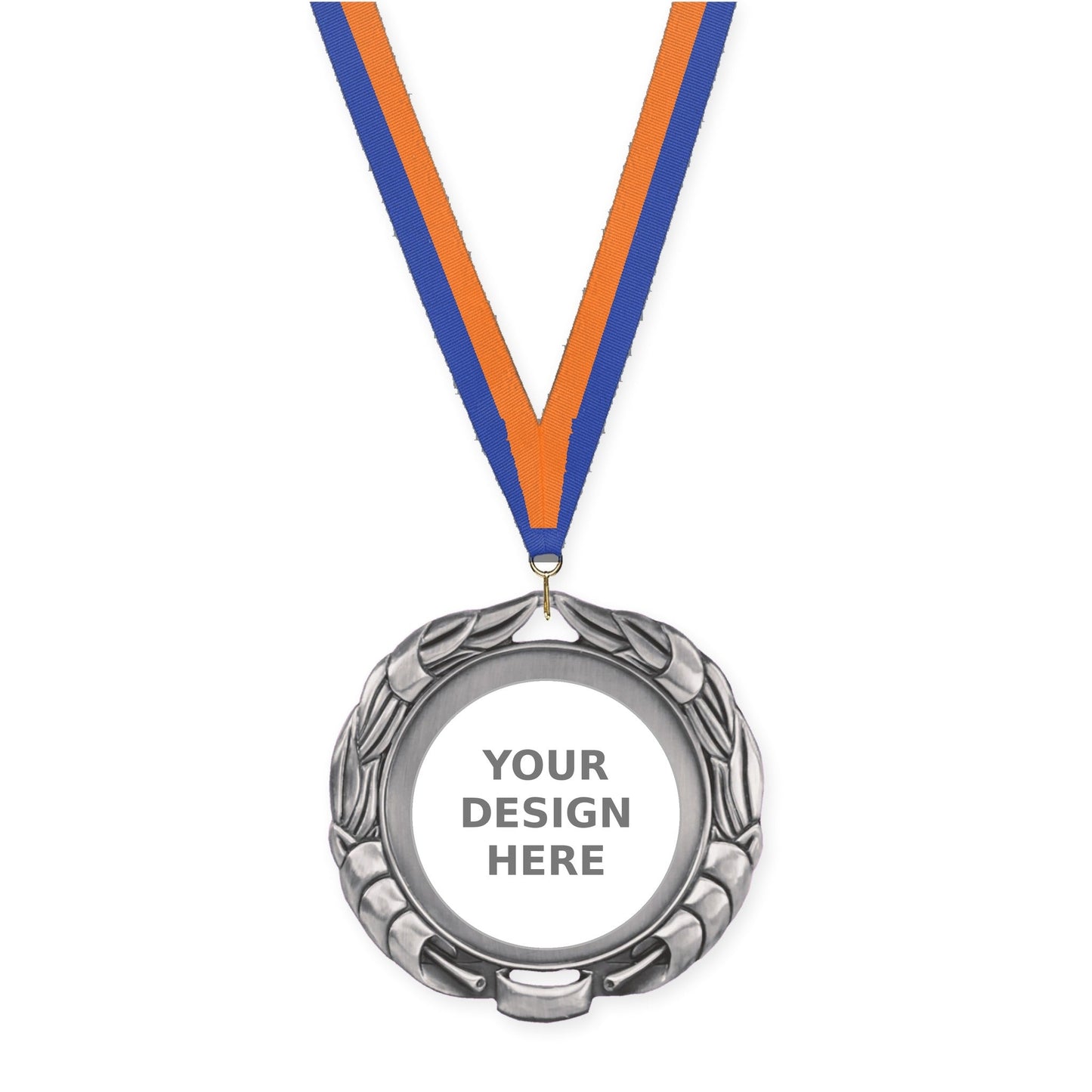 2 3/4 inch Double-Sided Wreath insert medal in antique silver with Blue Orange neck ribbon