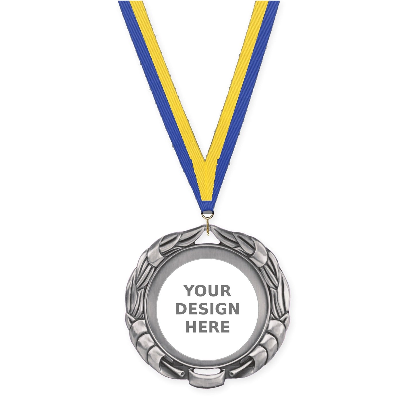 2 3/4 inch Double-Sided Wreath insert medal in antique silver with Blue Yellow neck ribbon
