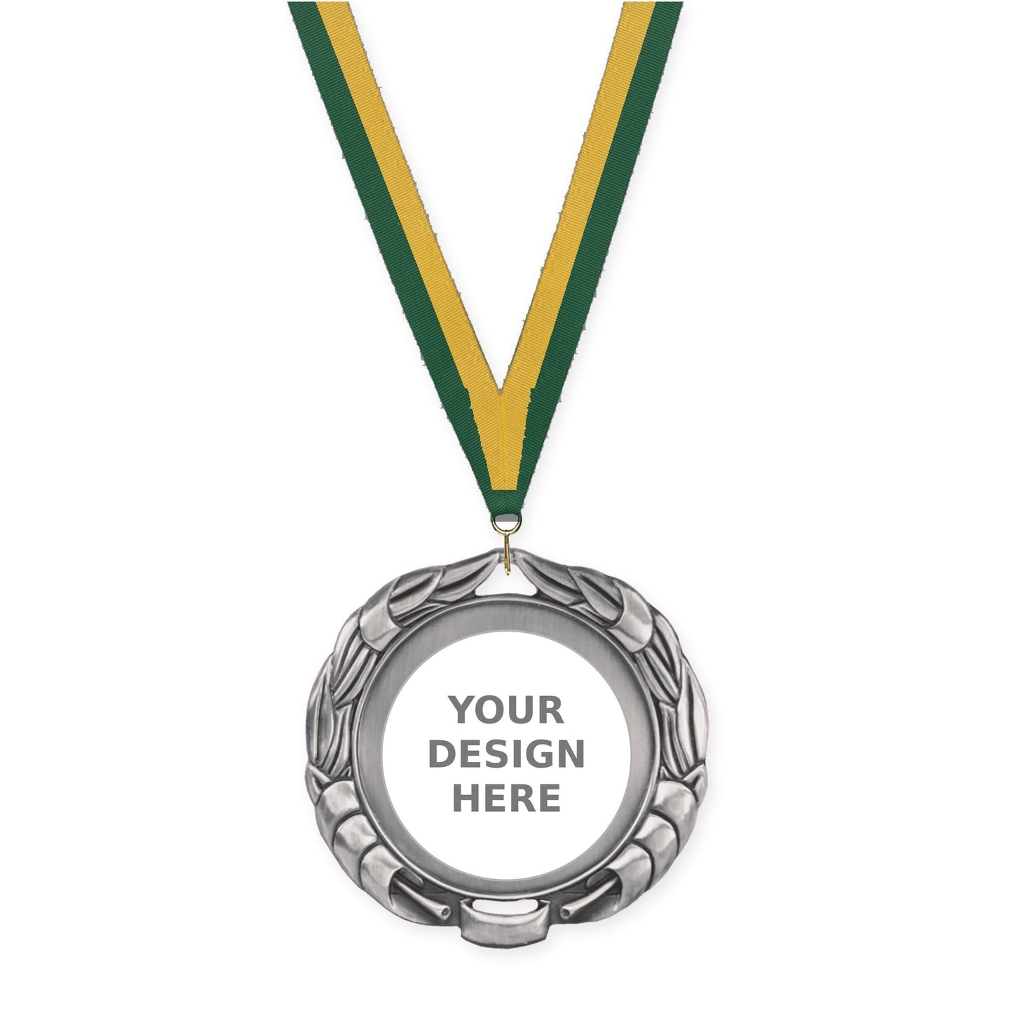 2 3/4 inch Double-Sided Wreath insert medal in antique silver with Hunter Green Gold neck ribbon