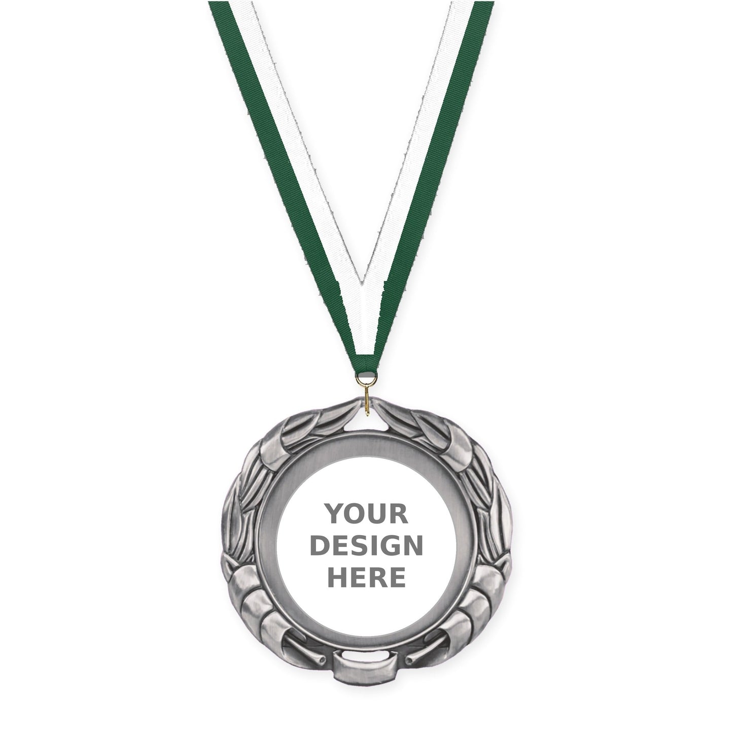 2 3/4 inch Double-Sided Wreath insert medal in antique silver with Hunter Green White neck ribbon