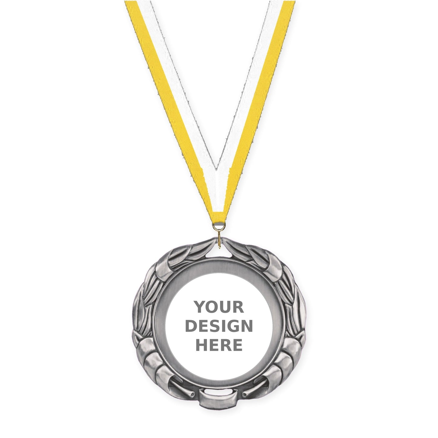 2 3/4 inch Double-Sided Wreath insert medal in antique silver with Yellow White neck ribbon