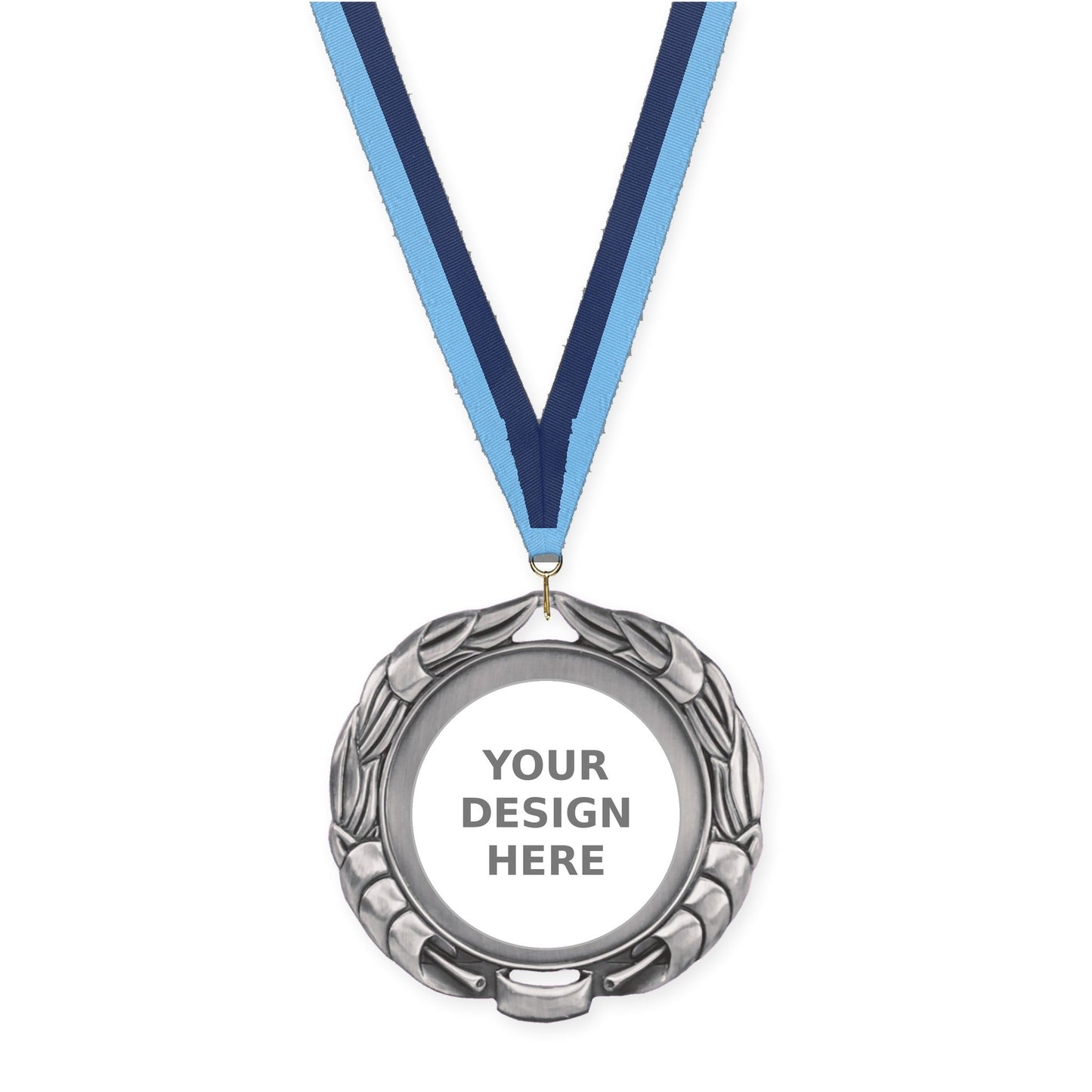 2 3/4 inch Double-Sided Wreath insert medal in antique silver with Light Blue Navy neck ribbon