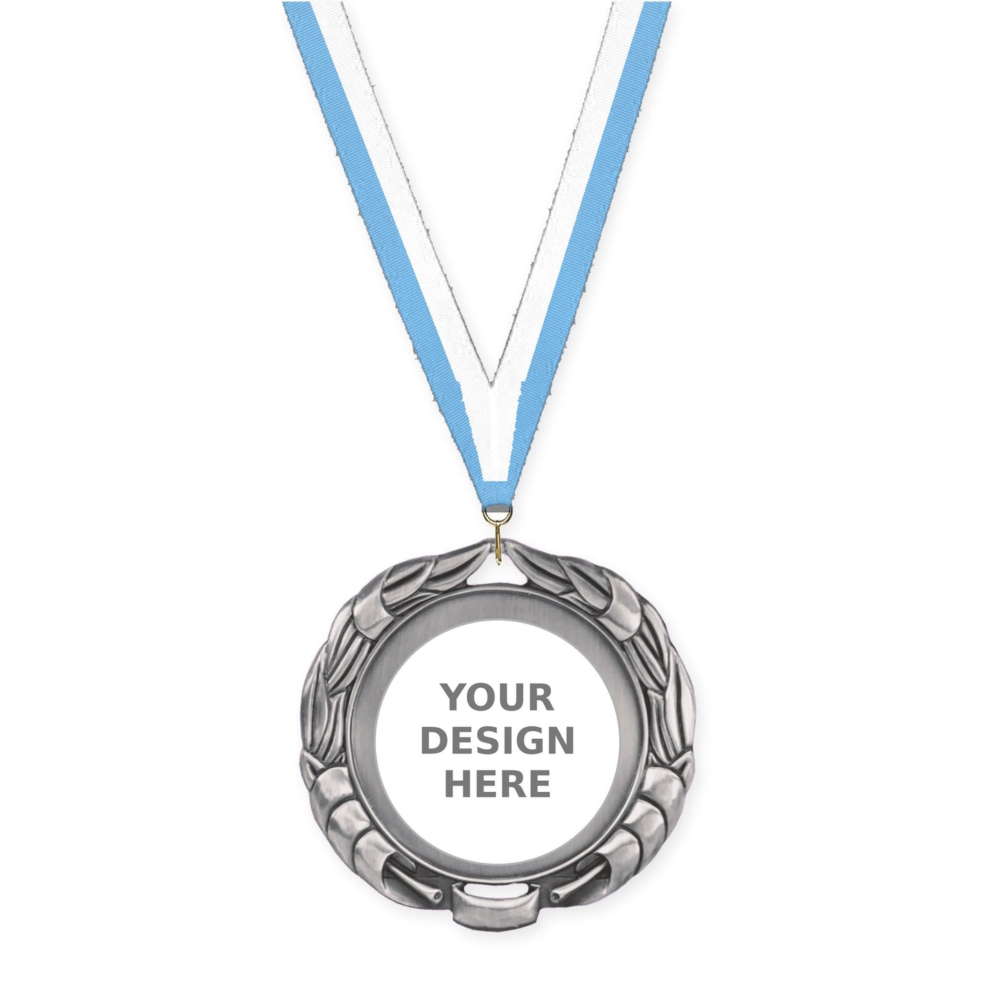 2 3/4 inch Double-Sided Wreath insert medal in antique silver with Light Blue White neck ribbon