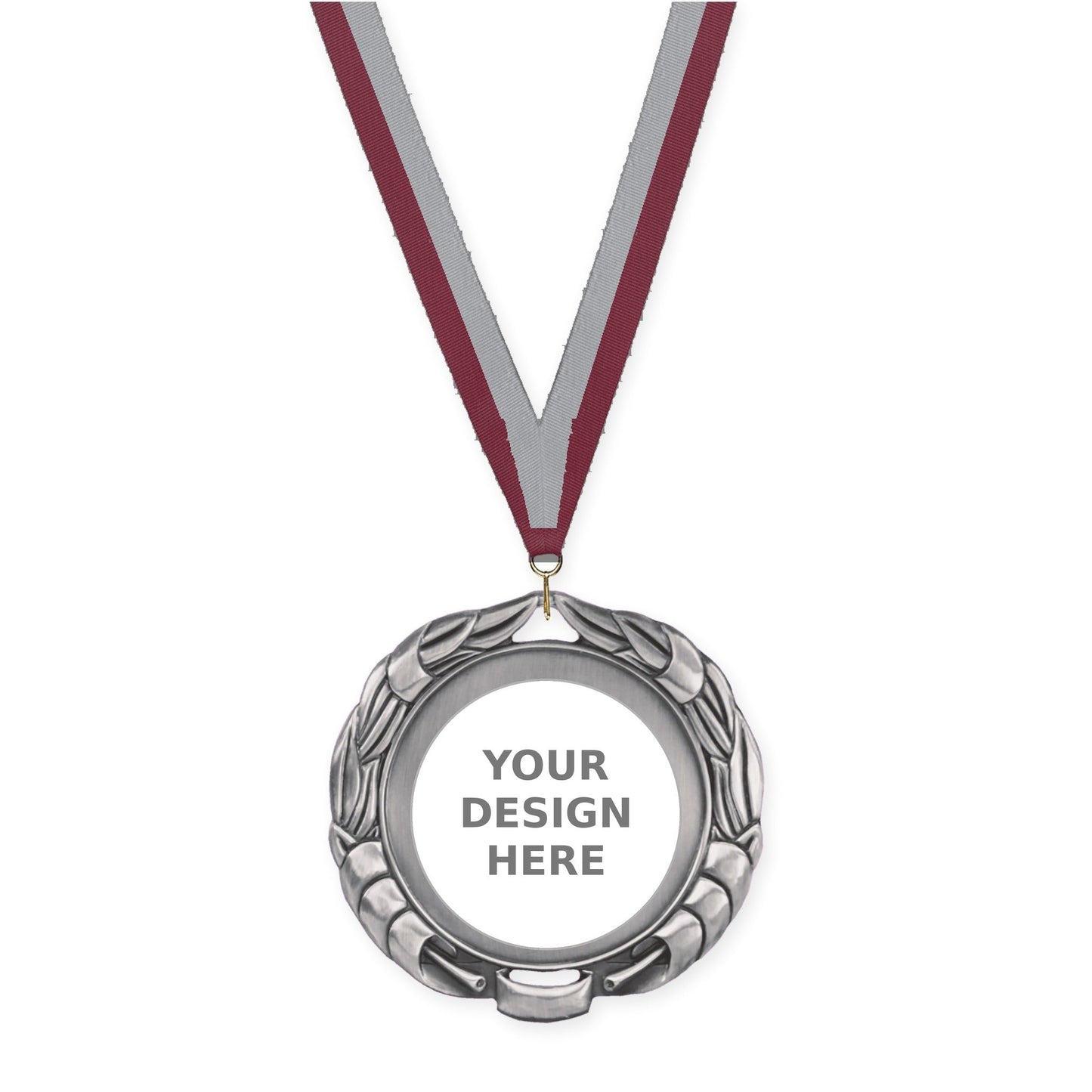 2 3/4 inch Double-Sided Wreath insert medal in antique silver with Maroon Gray neck ribbon