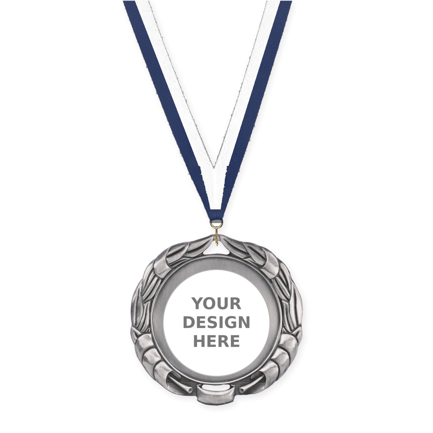2 3/4 inch Double-Sided Wreath insert medal in antique silver with Navy White neck ribbon