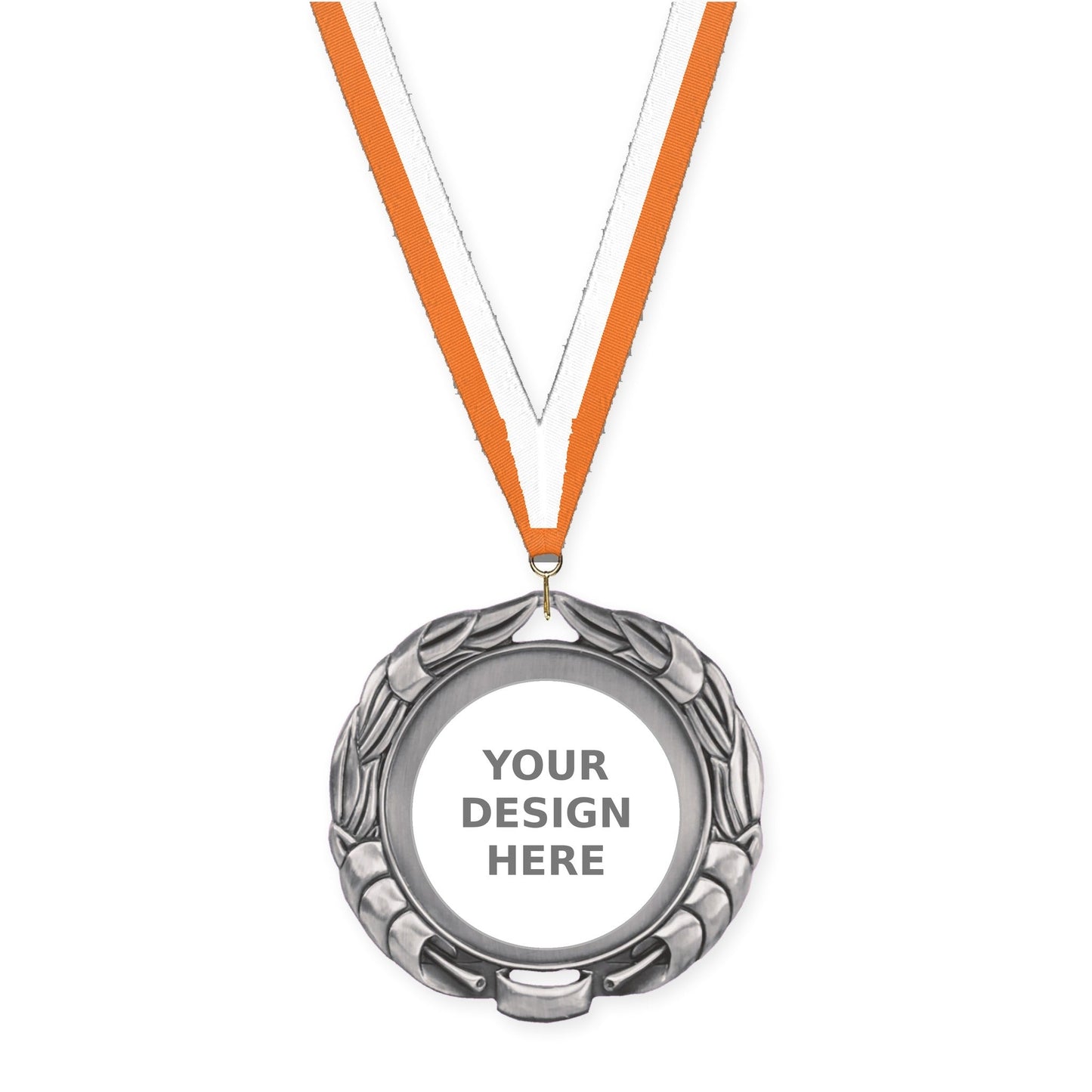 2 3/4 inch Double-Sided Wreath insert medal in antique silver with Orange White neck ribbon