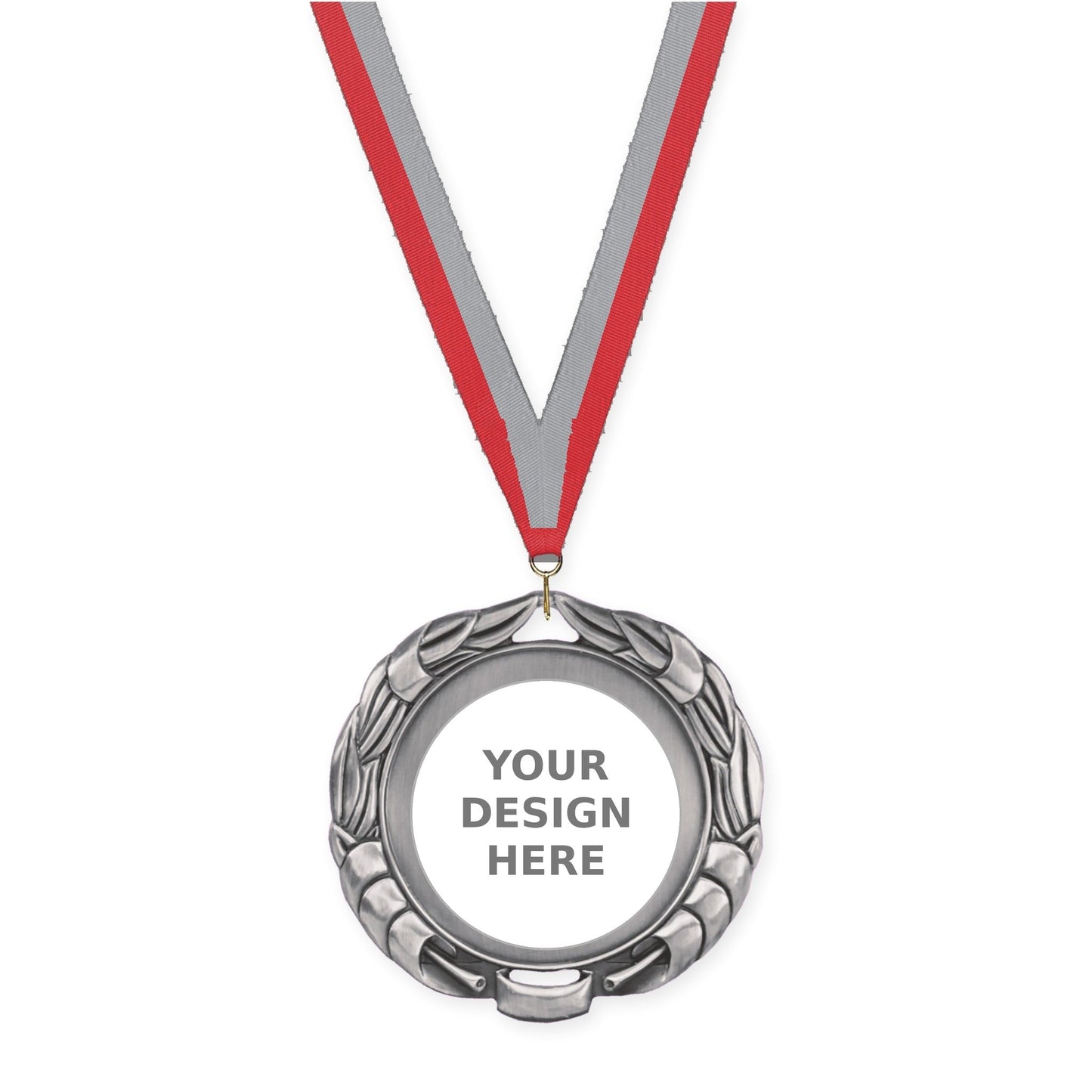 2 3/4 inch Double-Sided Wreath insert medal in antique silver with Red Gray neck ribbon