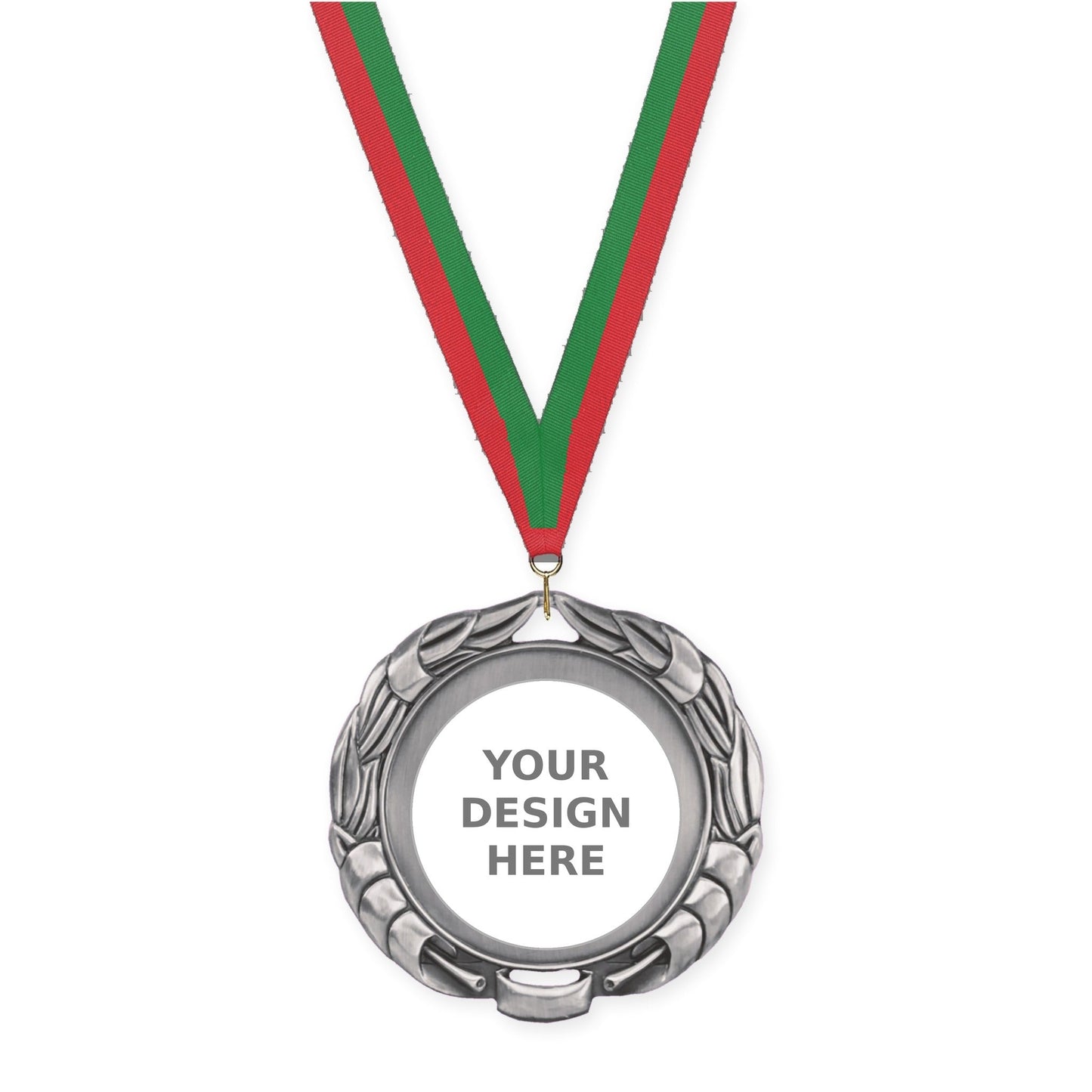 2 3/4 inch Double-Sided Wreath insert medal in antique silver with Red Green neck ribbon