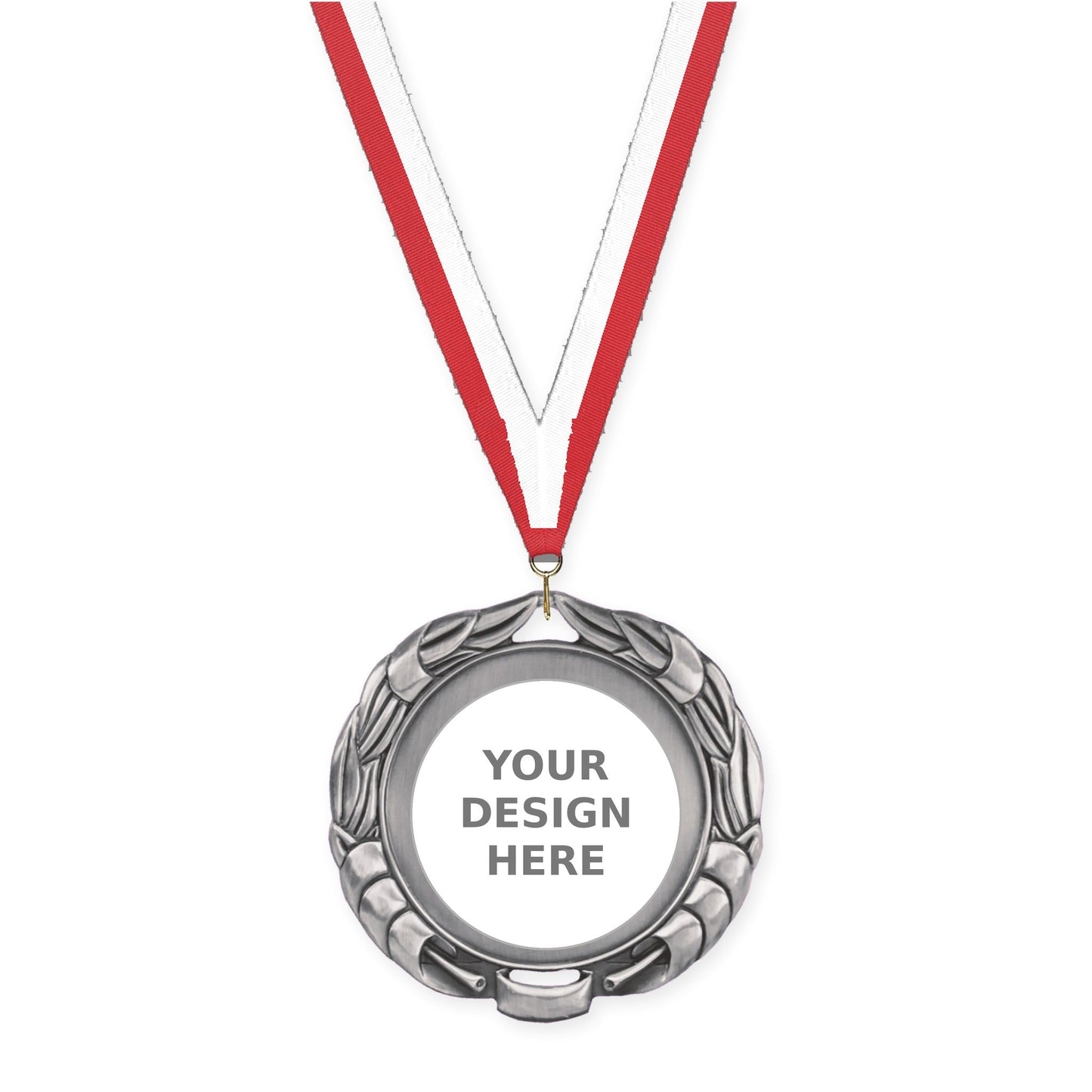 2 3/4 inch Double-Sided Wreath insert medal in antique silver with Red White neck ribbon