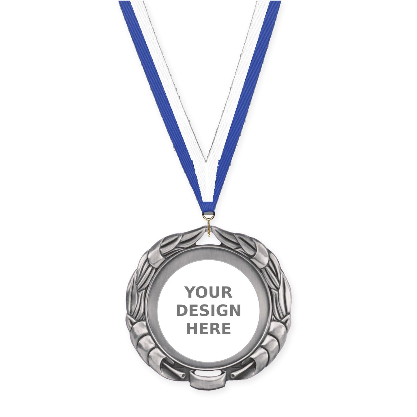 2 3/4 inch Double-Sided Wreath insert medal in antique silver with Blue White neck ribbon