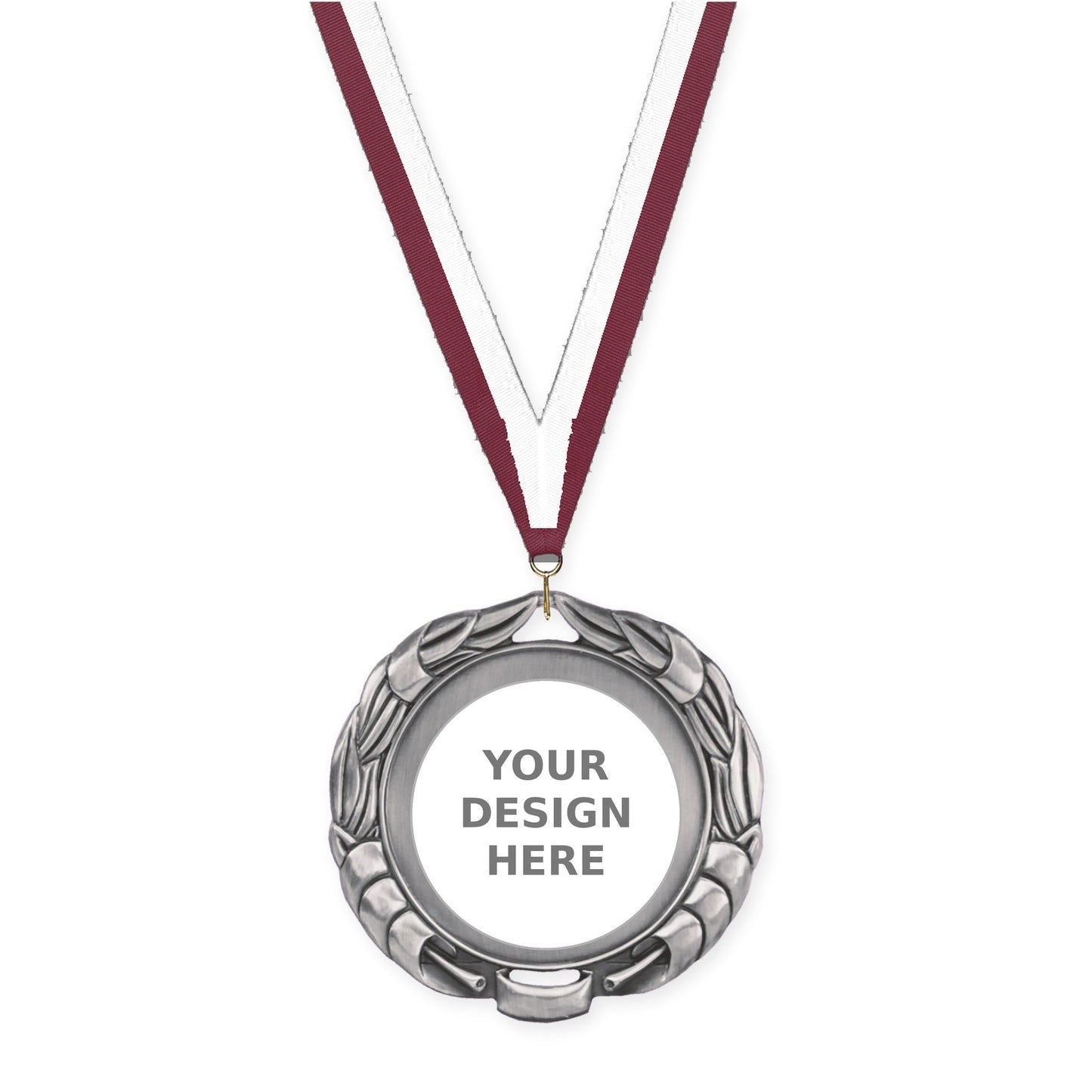 2 3/4 inch Double-Sided Wreath insert medal in antique silver with Maroon White neck ribbon