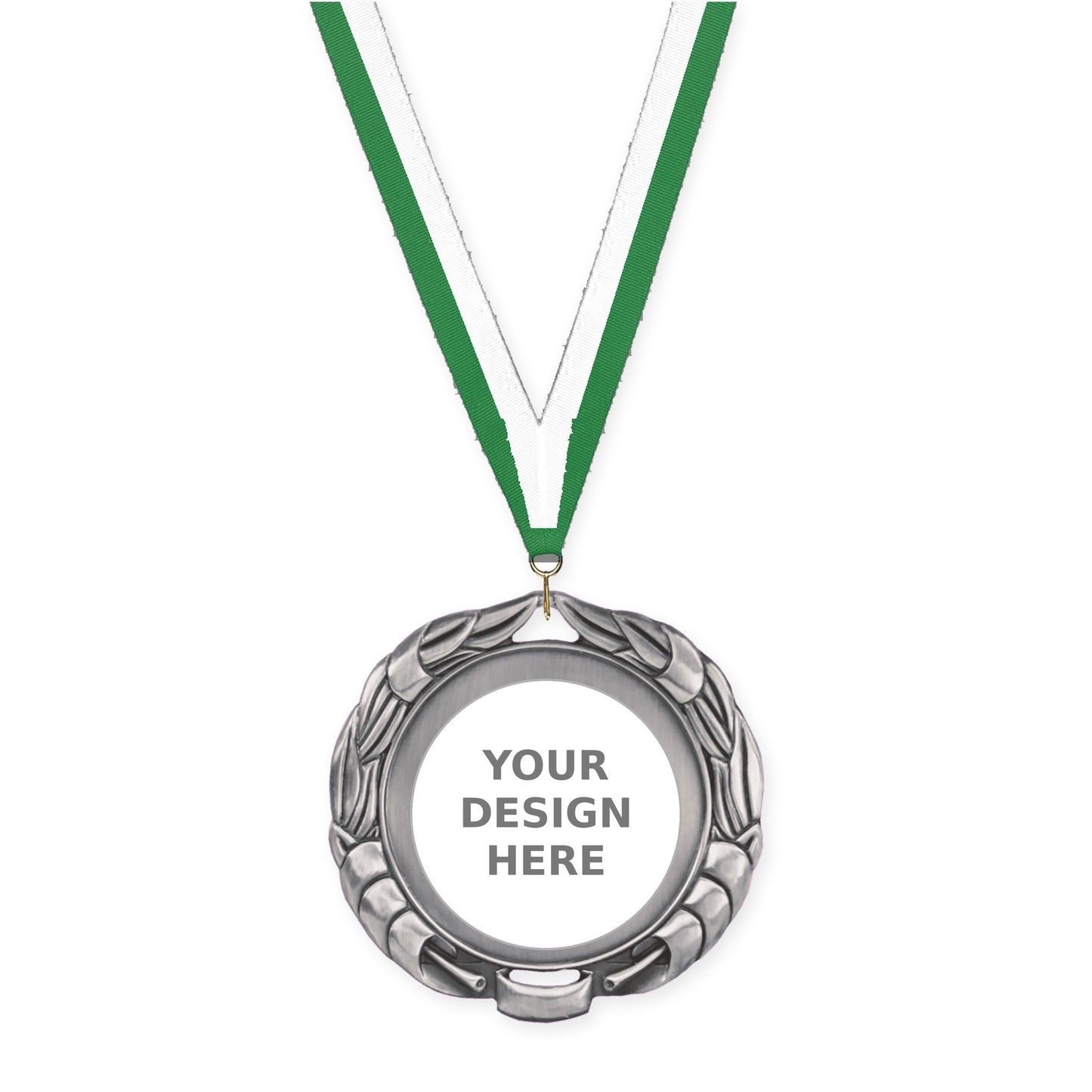 2 3/4 inch Double-Sided Wreath insert medal in antique silver with Green White neck ribbon