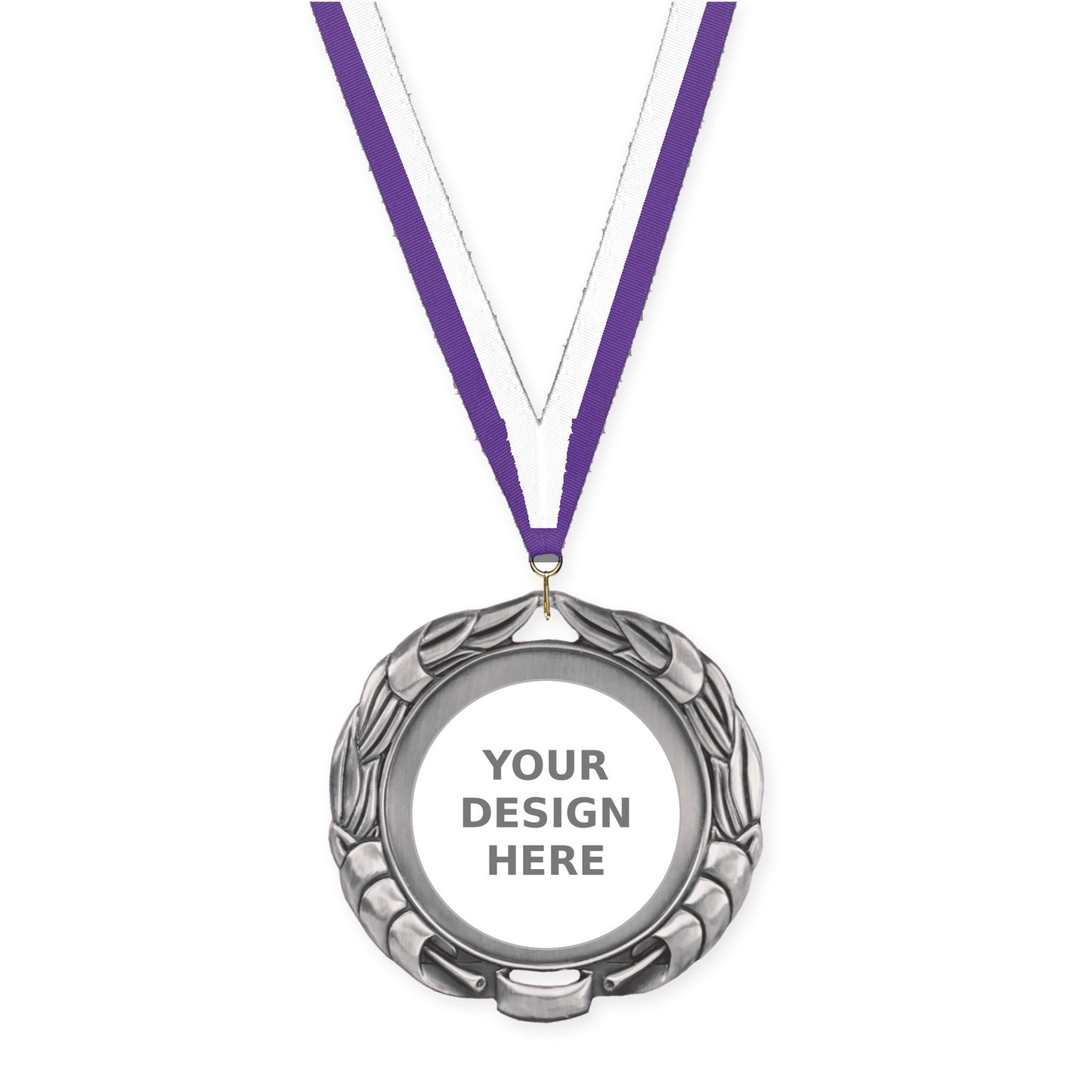 2 3/4 inch Double-Sided Wreath insert medal in antique silver with Purple White neck ribbon
