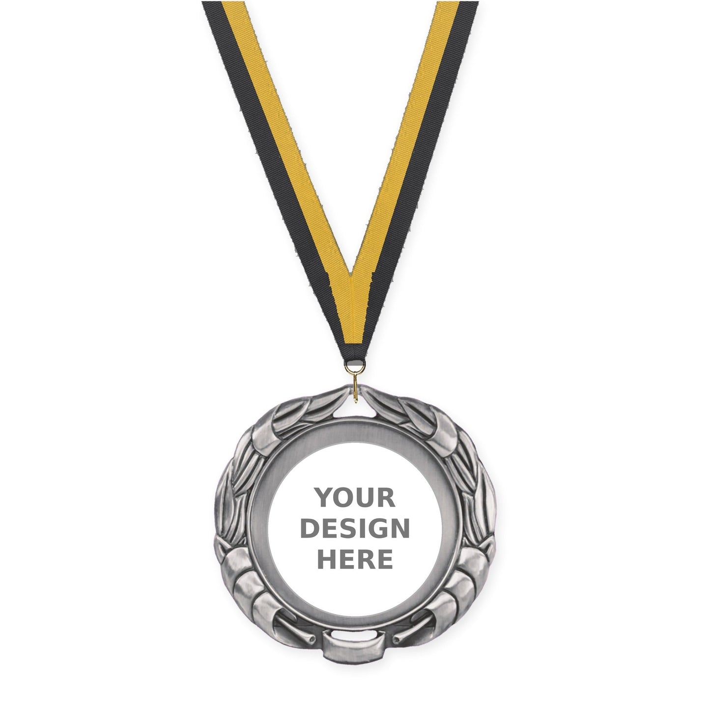 2 3/4 inch Double-Sided Wreath insert medal in antique silver with Black Gold neck ribbon