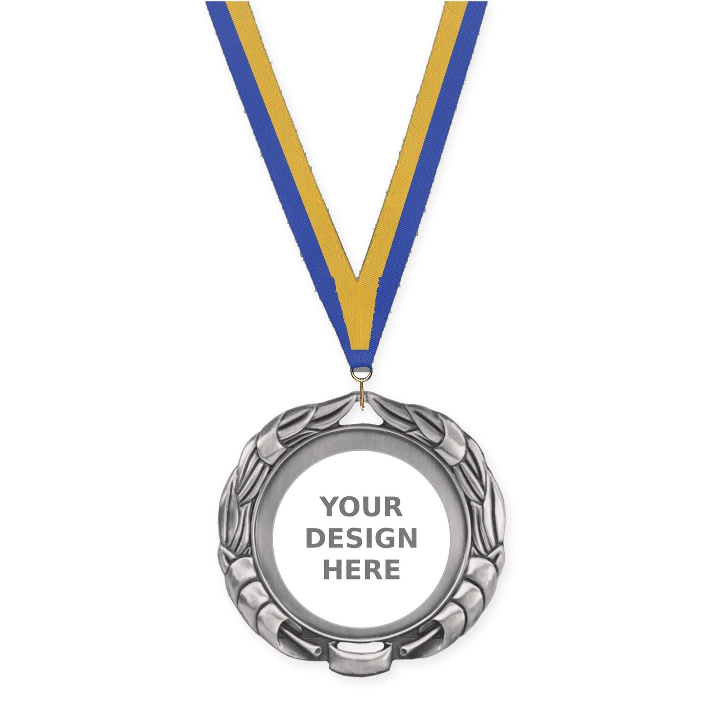 2 3/4 inch Double-Sided Wreath insert medal in antique silver with Blue Gold neck ribbon