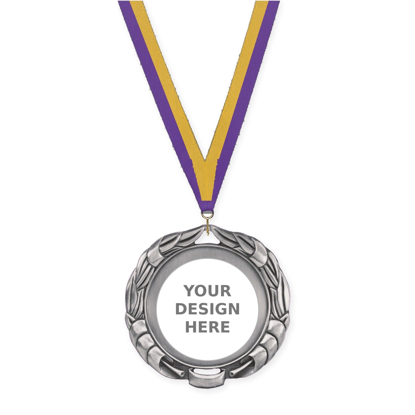 2 3/4 inch Double-Sided Wreath insert medal in antique silver with Purple Gold neck ribbon