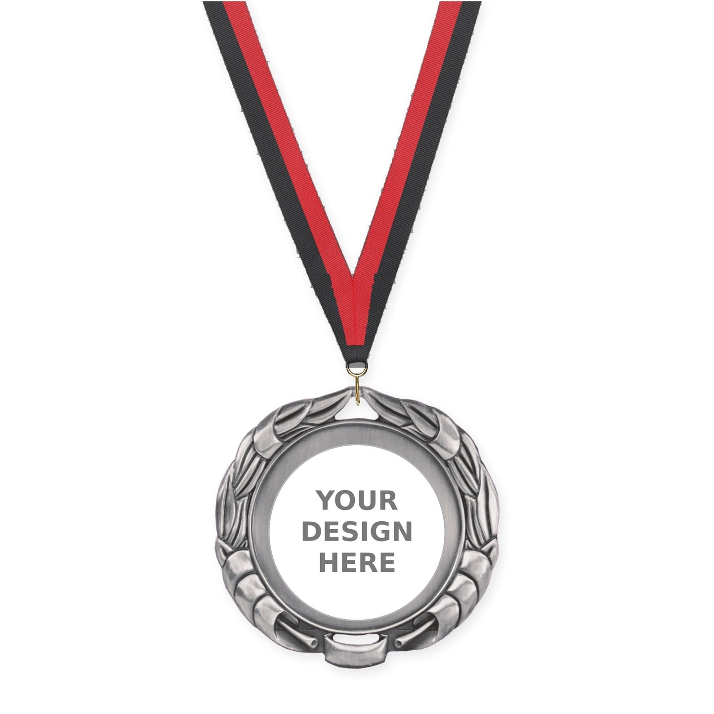 2 3/4 inch Double-Sided Wreath insert medal in antique silver with Black Red neck ribbon