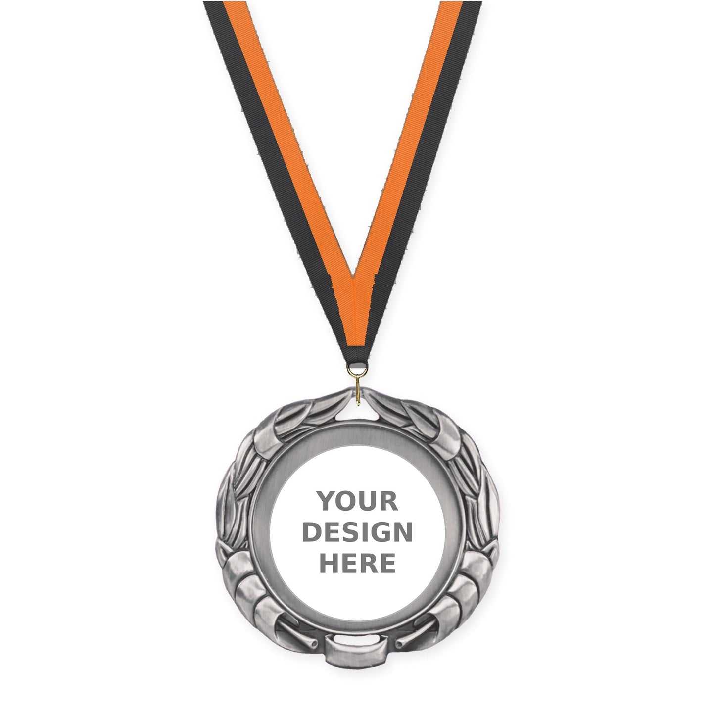 2 3/4 inch Double-Sided Wreath insert medal in antique silver with Black Orange neck ribbon