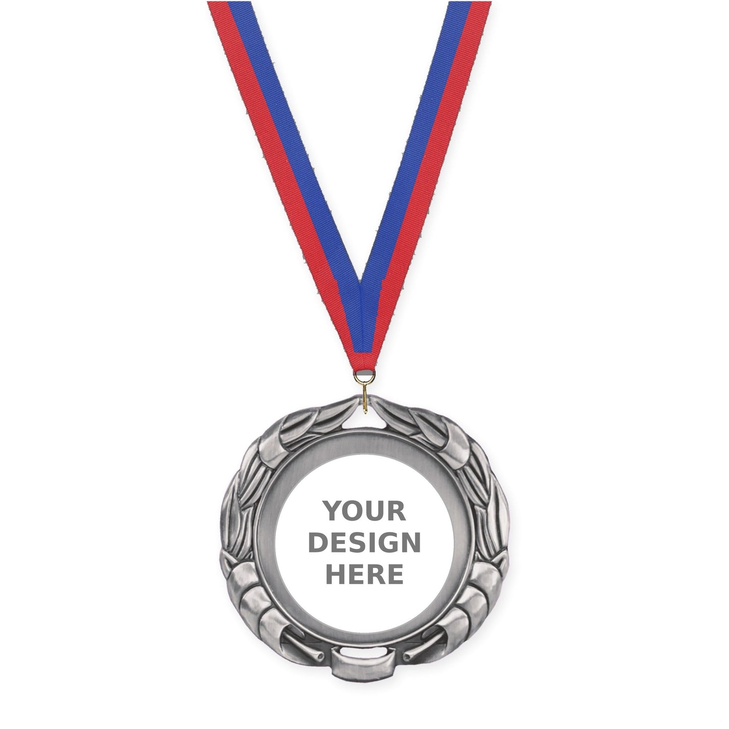 2 3/4 inch Double-Sided Wreath insert medal in antique silver with Blue Red neck ribbon
