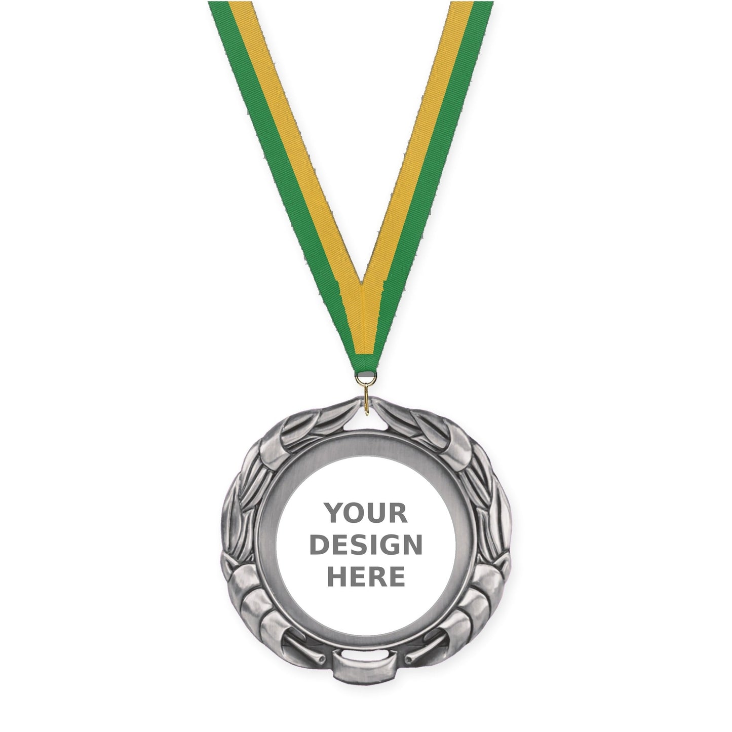 2 3/4 inch Double-Sided Wreath insert medal in antique silver with Green Gold neck ribbon