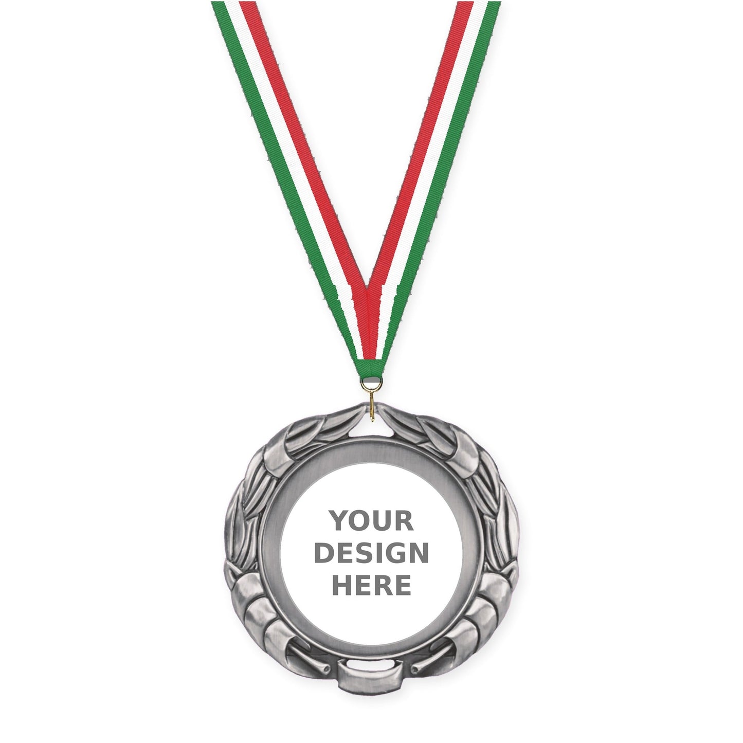 2 3/4 inch Double-Sided Wreath insert medal in antique silver with Green White Red neck ribbon