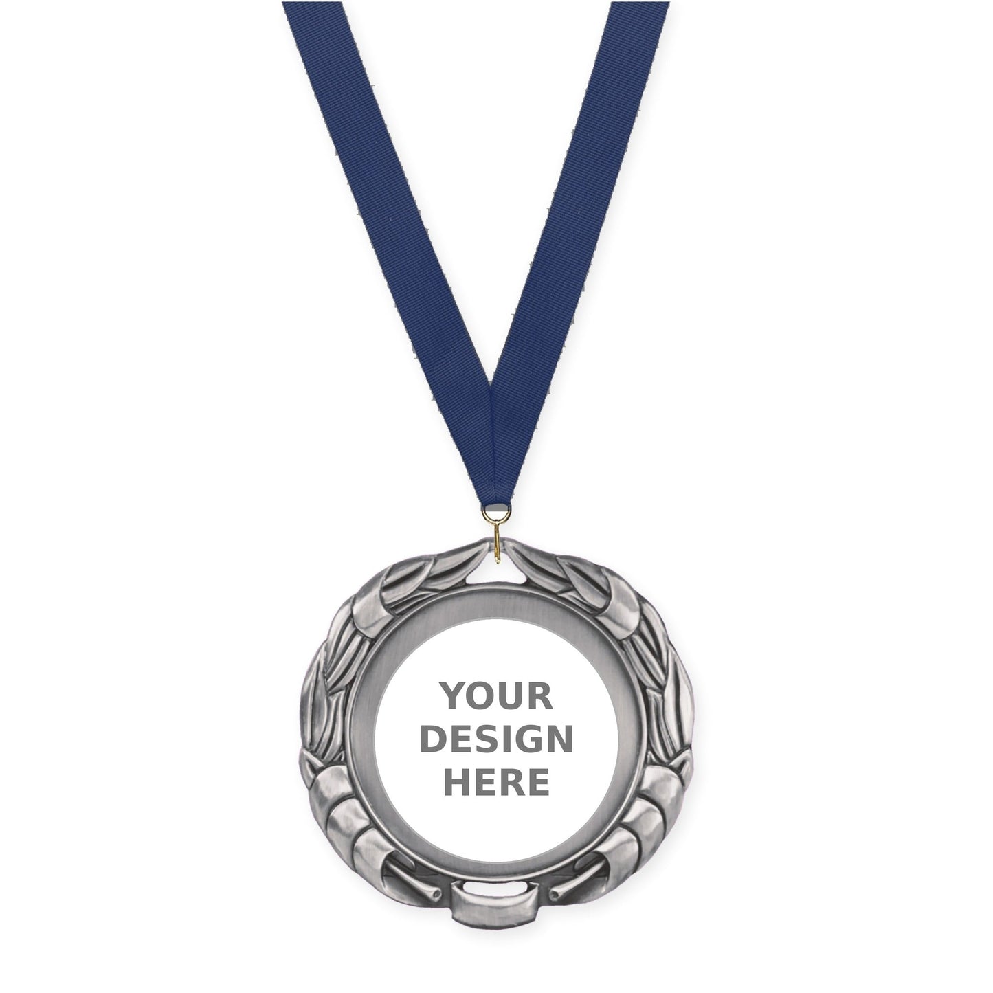 2 3/4 inch Double-Sided Wreath insert medal in antique silver with Navy neck ribbon