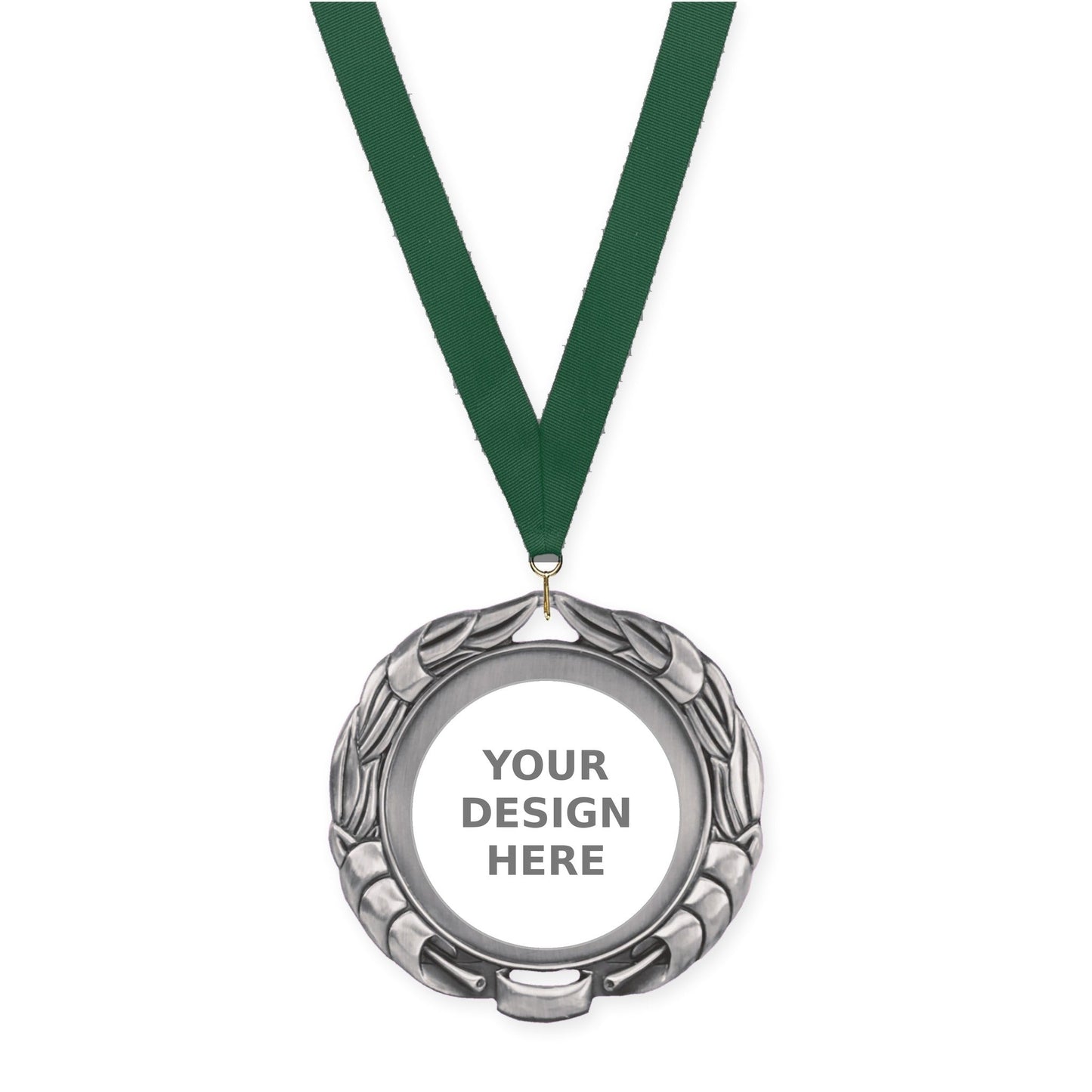 2 3/4 inch Double-Sided Wreath insert medal in antique silver with Hunter Green neck ribbon