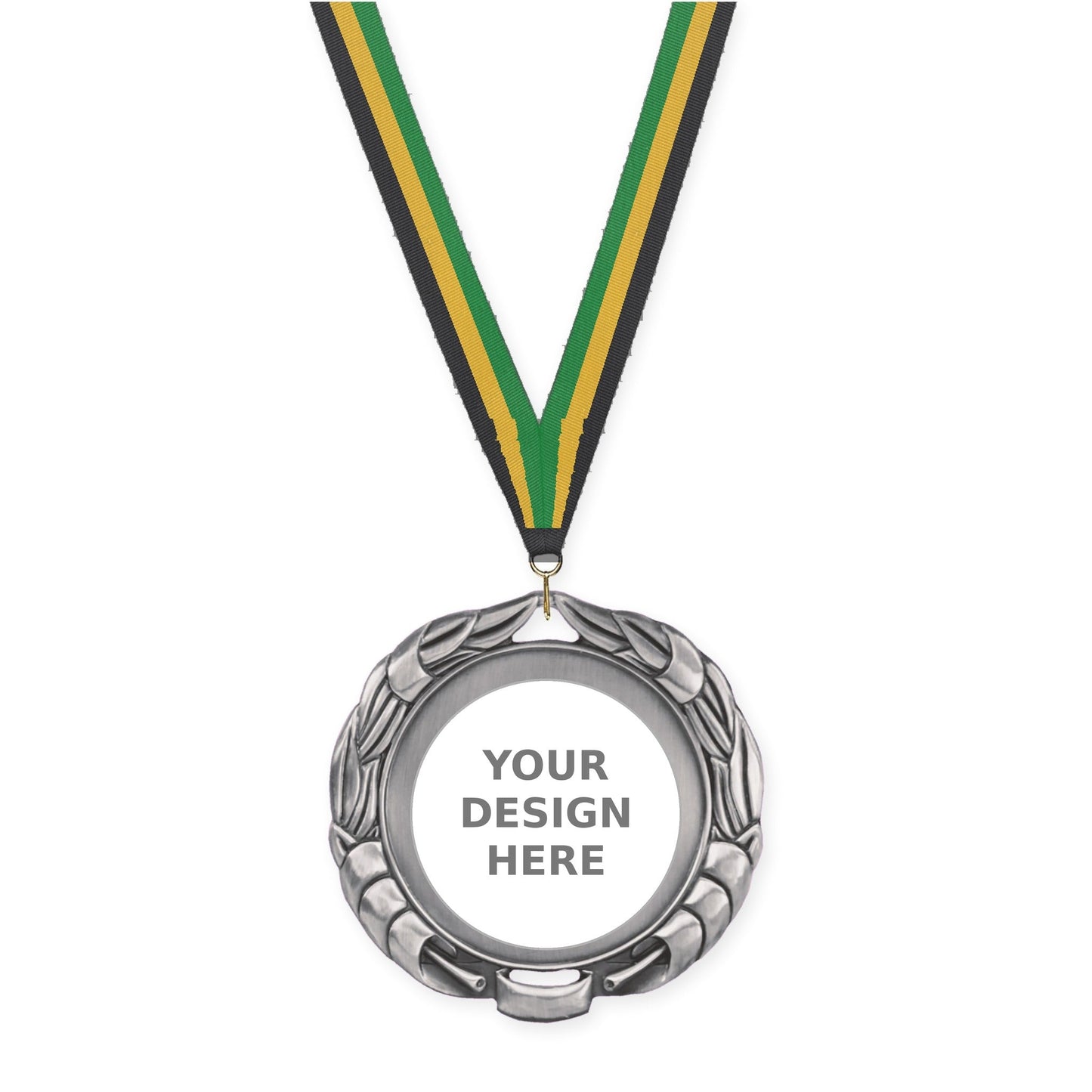 2 3/4 inch Double-Sided Wreath insert medal in antique silver with Black Gold Green neck ribbon