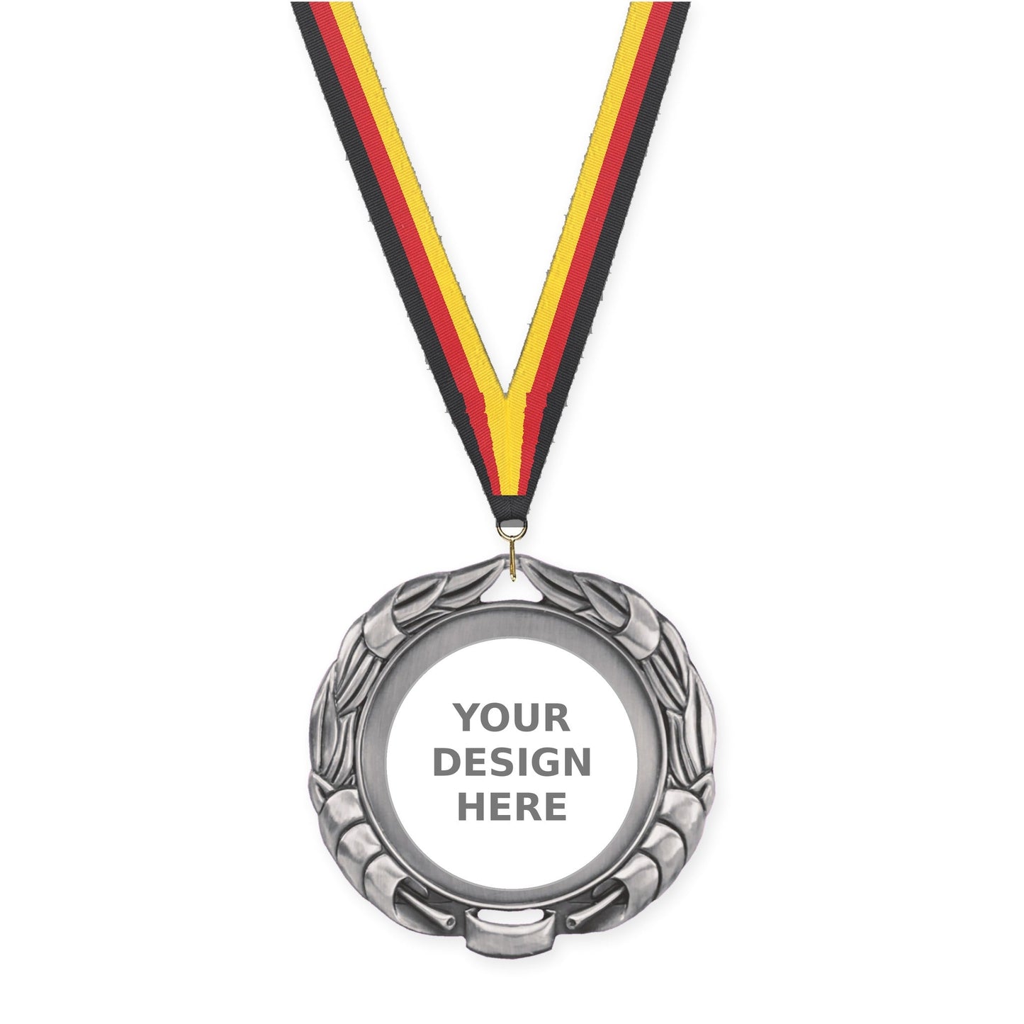 2 3/4 inch Double-Sided Wreath insert medal in antique silver with Black Red Yellow neck ribbon